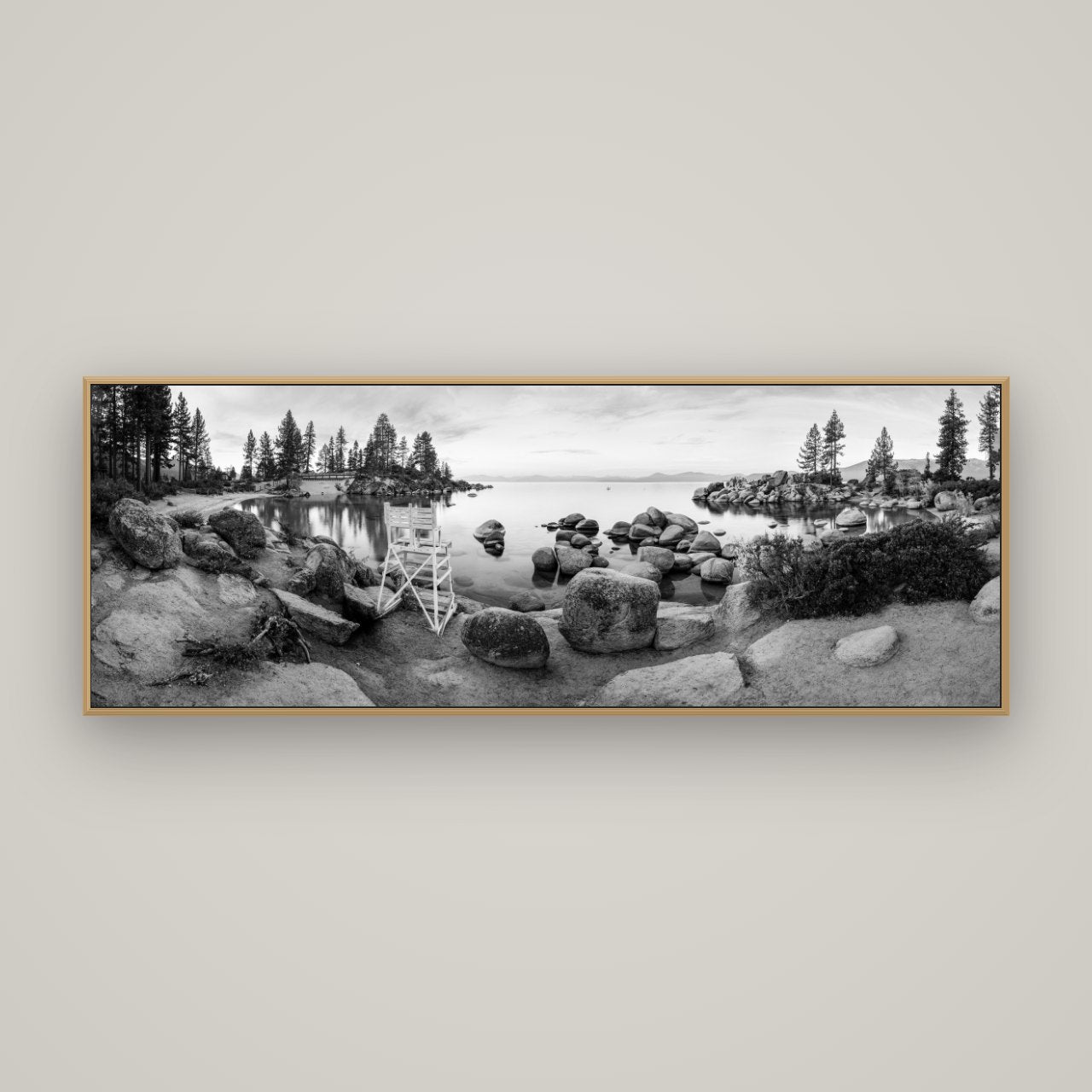 Lake Tahoe Serenity's Watch, Sunrise Over Sand Harbour, Basel Natural Oak, 170×60 cm. New Zealand fine art wall art by Stephen Milner.