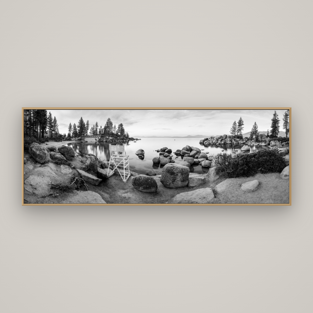 Lake Tahoe Serenity's Watch, Sunrise Over Sand Harbour, Basel Natural Oak, 198×70 cm. New Zealand fine art wall art by Stephen Milner.