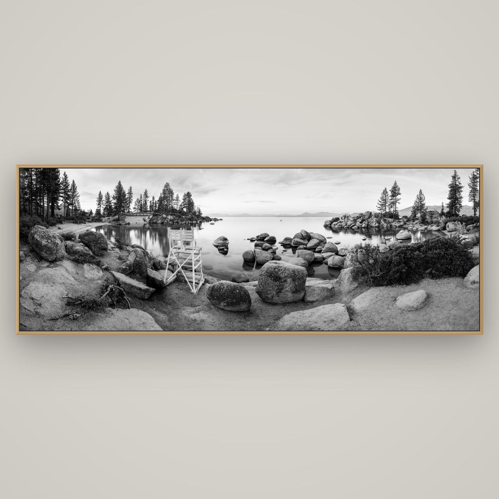 Lake Tahoe Serenity's Watch, Sunrise Over Sand Harbour, Basel Natural Oak, 198×70 cm. New Zealand fine art wall art by Stephen Milner.