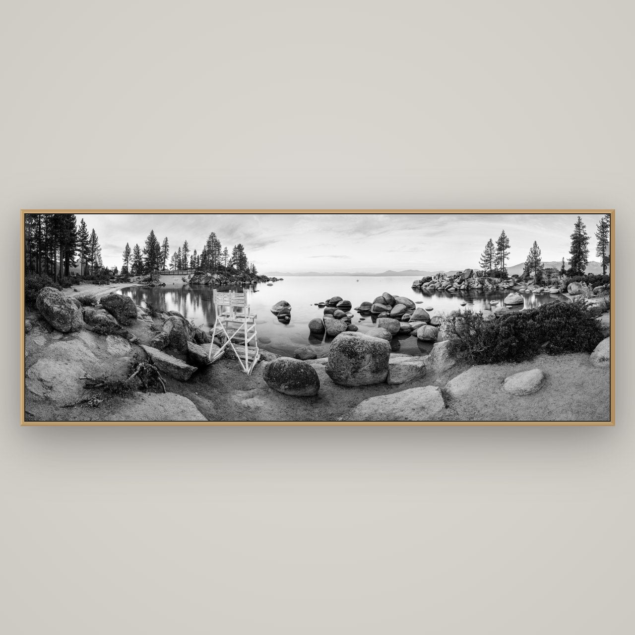 Lake Tahoe Serenity's Watch, Sunrise Over Sand Harbour, Basel Natural Oak, 198×70 cm. New Zealand fine art wall art by Stephen Milner.