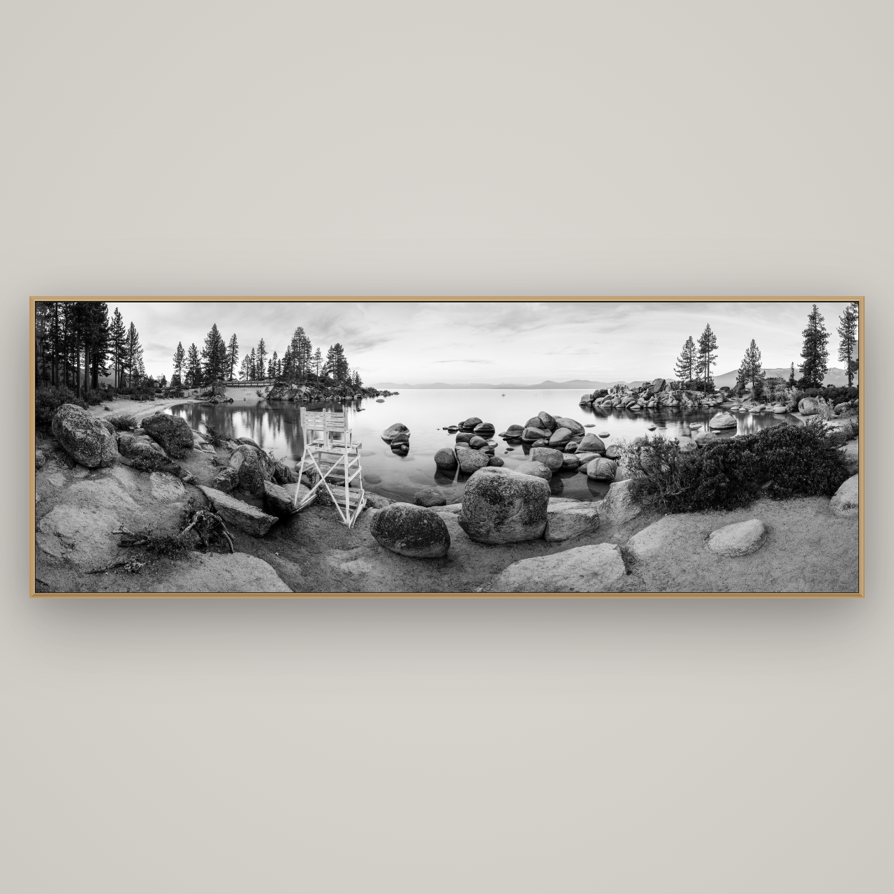 Lake Tahoe Serenity's Watch, Sunrise Over Sand Harbour, Basel Natural Oak, 227×80 cm. New Zealand fine art wall art by Stephen Milner.