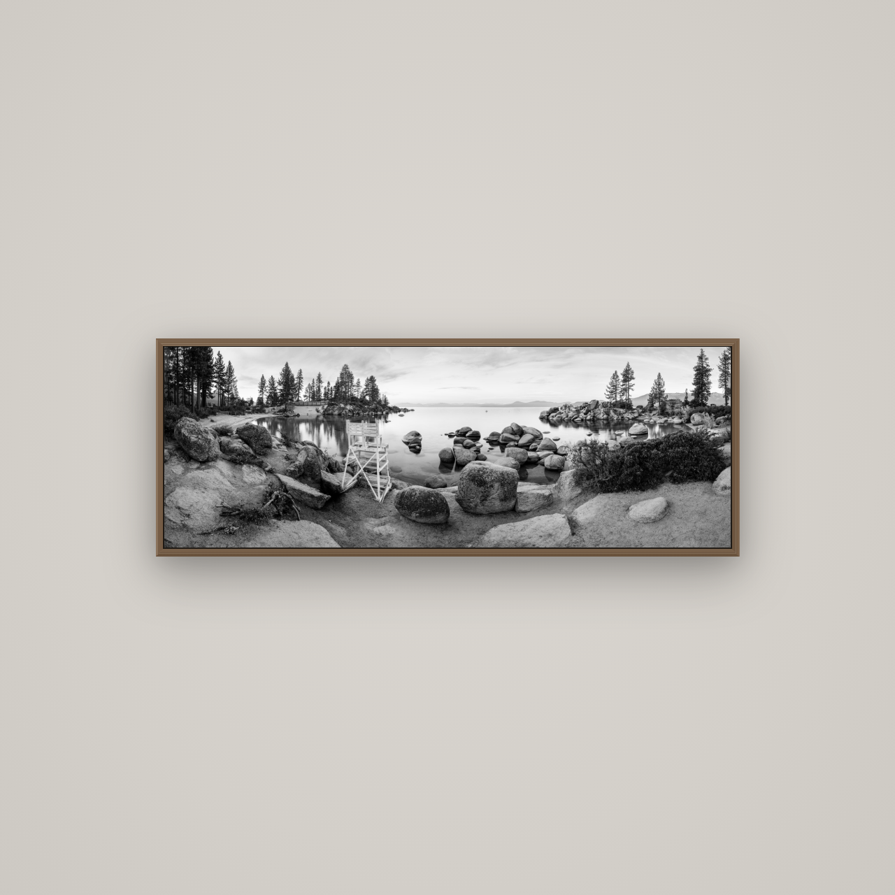 Lake Tahoe Serenity's Watch, Sunrise Over Sand Harbour, Basel Walnut, 113×40 cm. New Zealand fine art wall art by Stephen Milner.