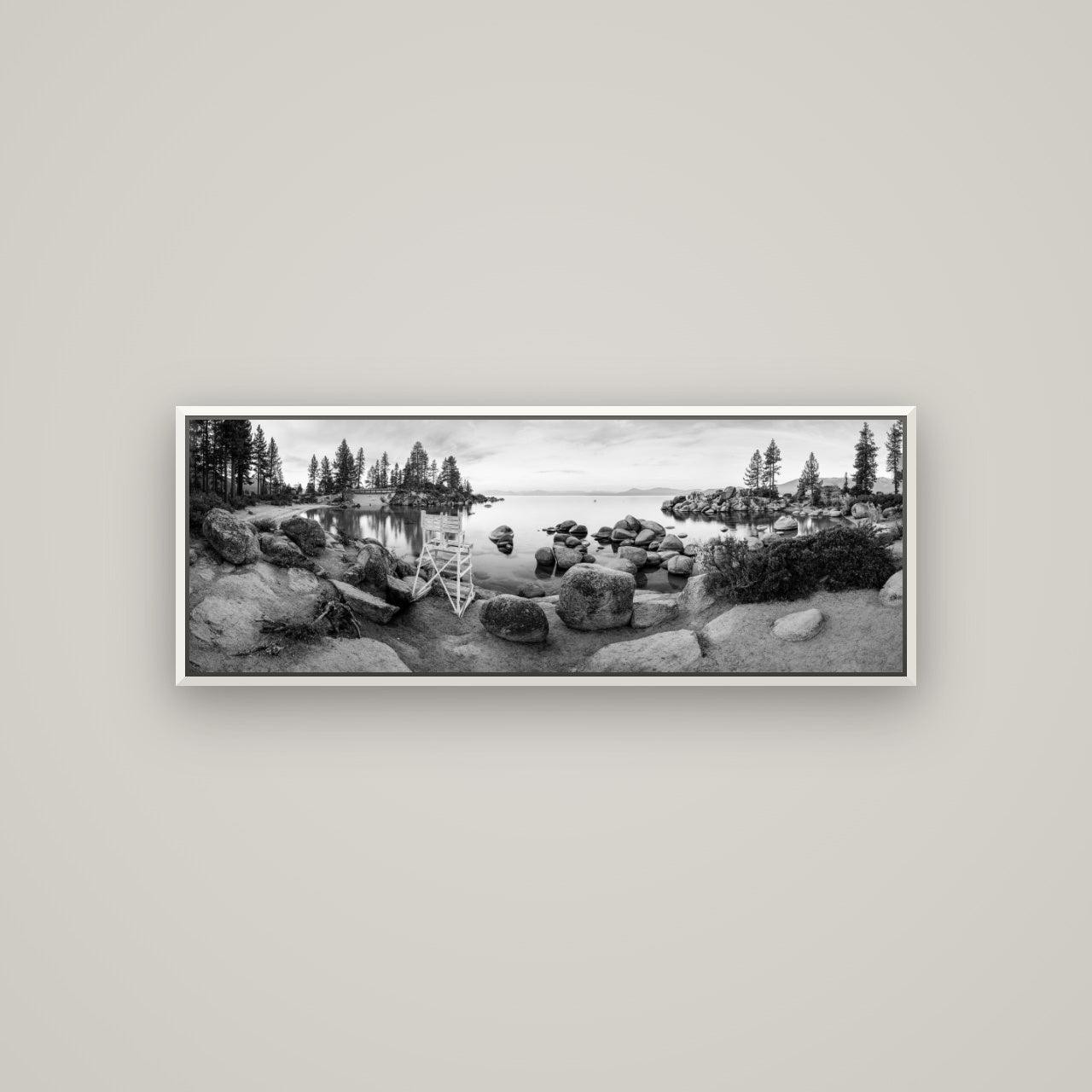 Lake Tahoe Serenity's Watch, Sunrise Over Sand Harbour — Basel White, 113×40 cm. New Zealand fine art wall art by Stephen Milner.