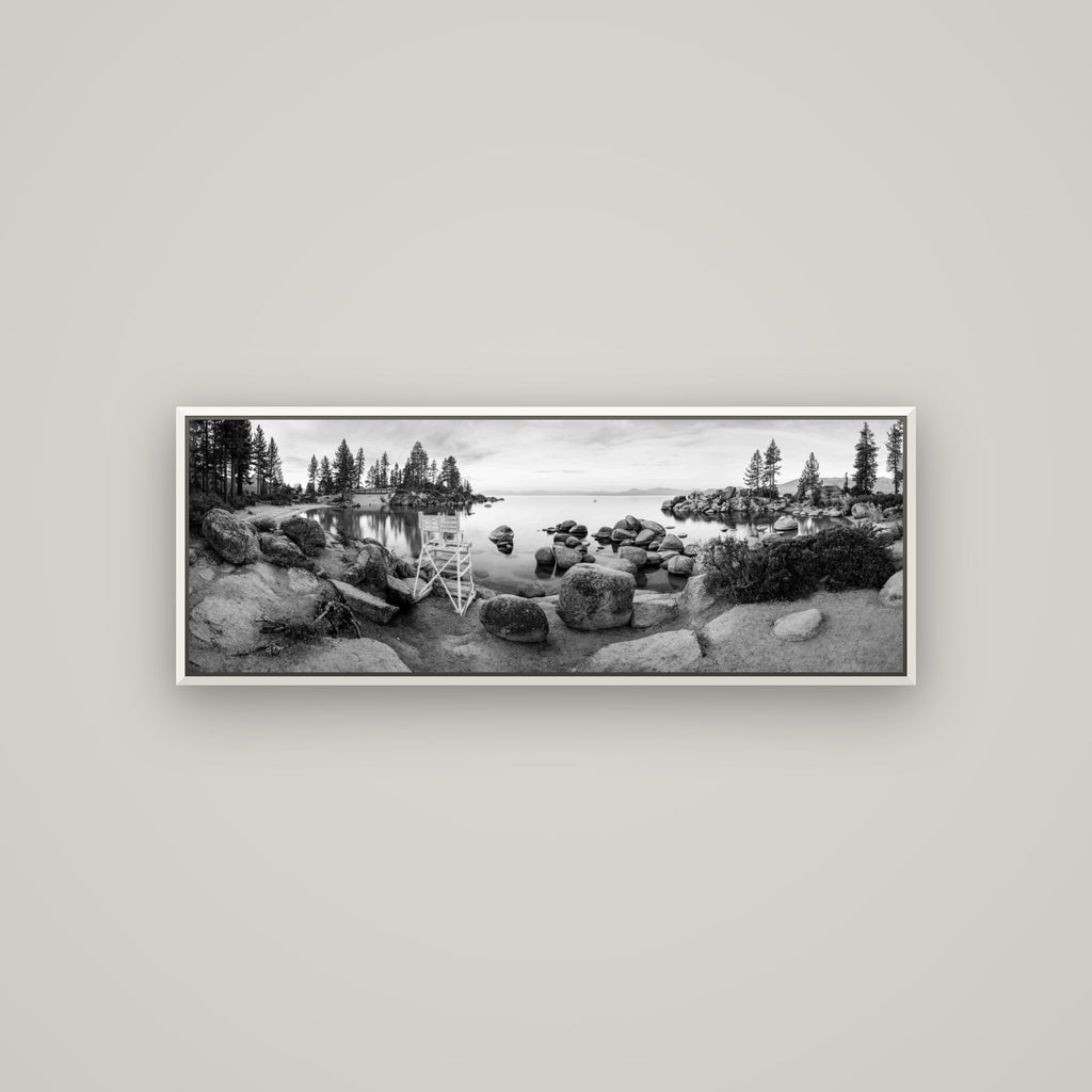 Lake Tahoe Serenity's Watch, Sunrise Over Sand Harbour — Basel White, 113×40 cm. New Zealand fine art wall art by Stephen Milner.