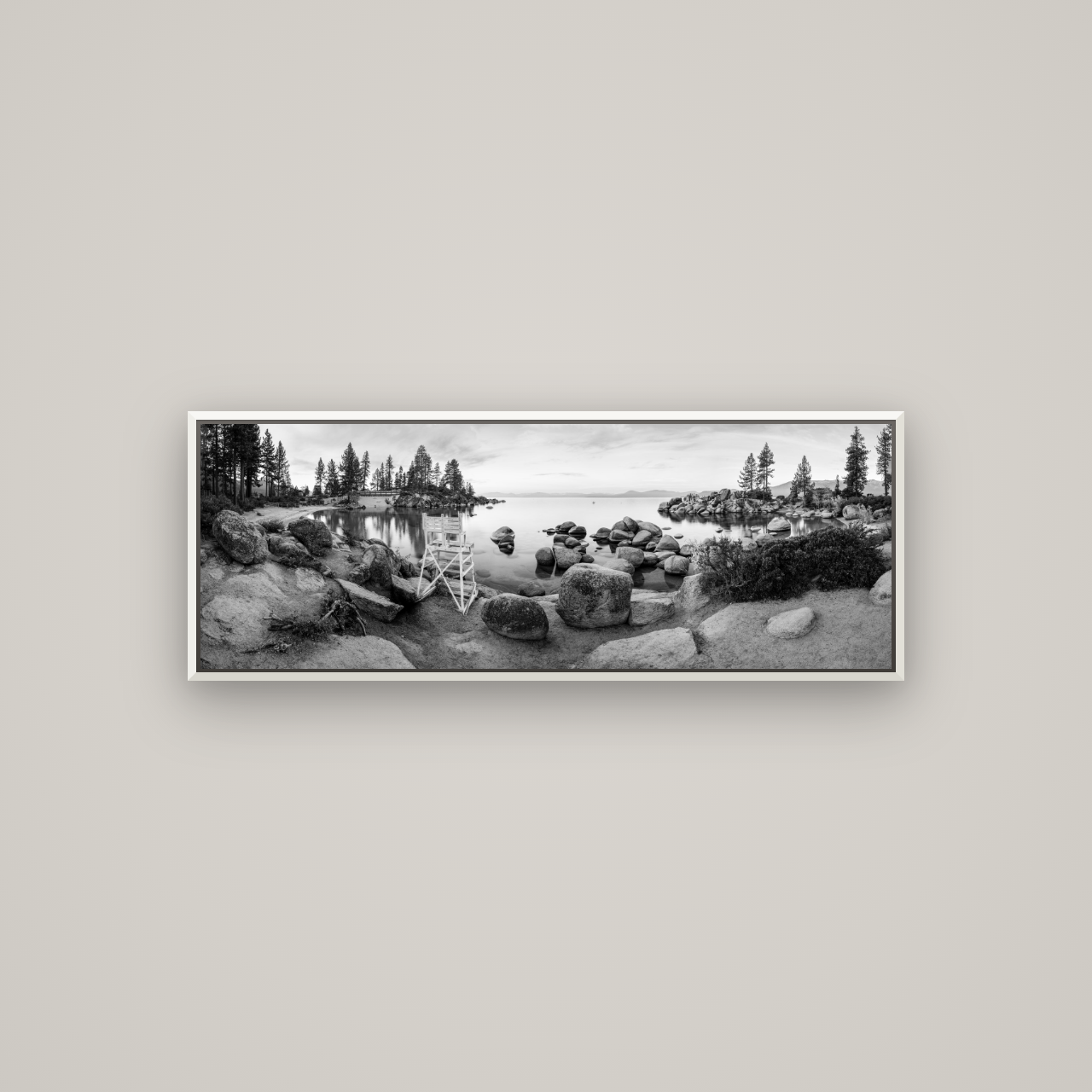 Lake Tahoe Serenity's Watch, Sunrise Over Sand Harbour — Basel White, 113×40 cm. New Zealand fine art wall art by Stephen Milner.
