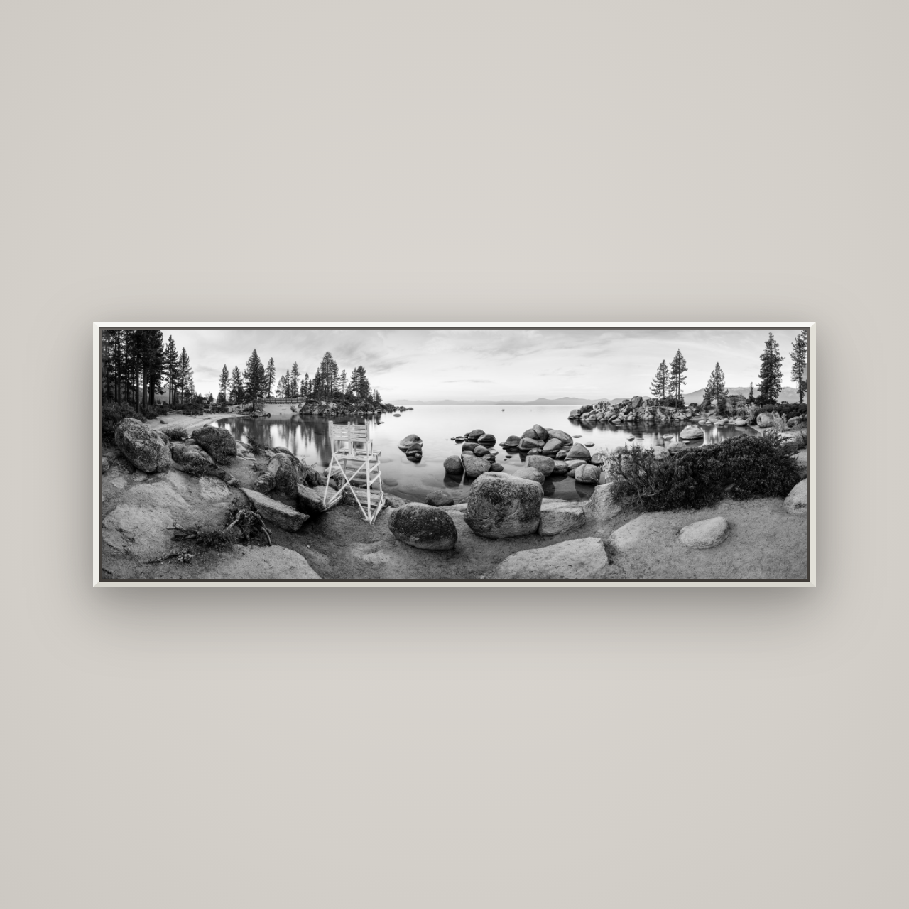 Lake Tahoe Serenity's Watch, Sunrise Over Sand Harbour — Basel White, 170×60 cm. New Zealand fine art wall art by Stephen Milner.