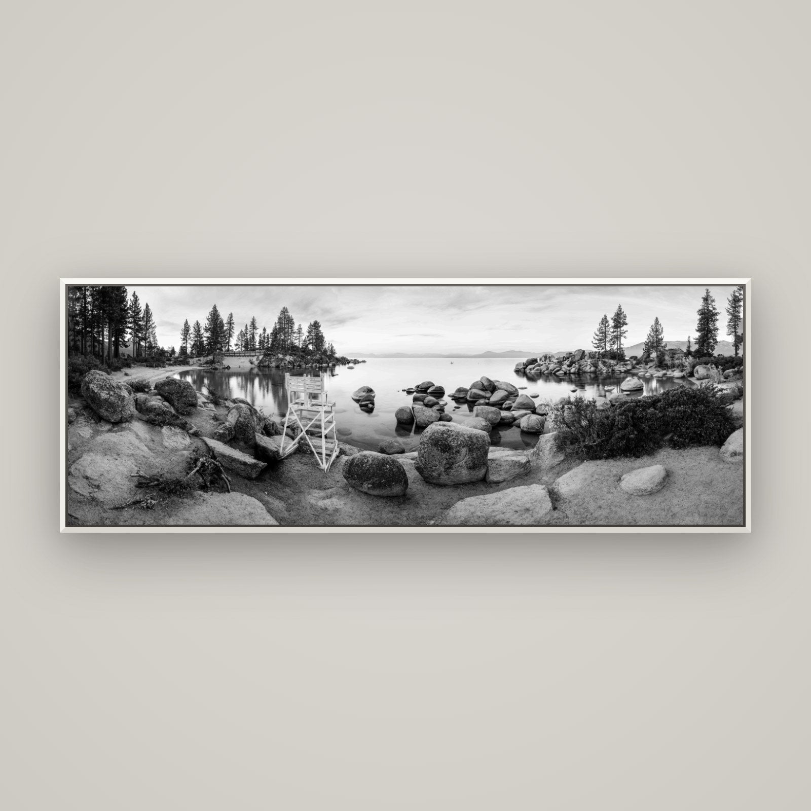 Lake Tahoe Serenity's Watch, Sunrise Over Sand Harbour — Basel White, 170×60 cm. New Zealand fine art wall art by Stephen Milner.