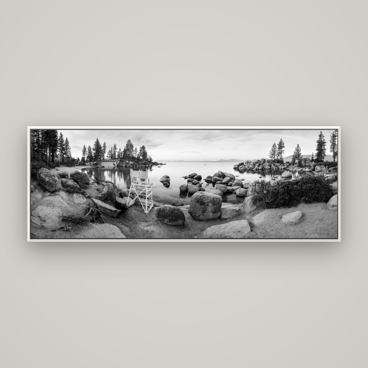 Lake Tahoe Serenity's Watch, Sunrise Over Sand Harbour — Basel White, 170×60 cm. New Zealand fine art wall art by Stephen Milner.