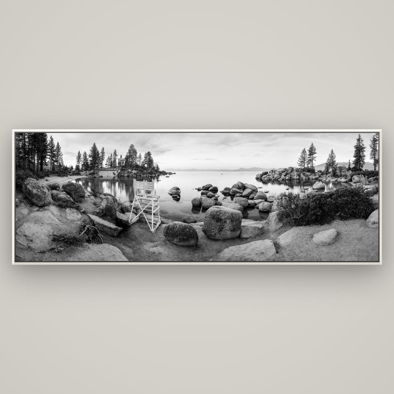 Lake Tahoe Serenity's Watch, Sunrise Over Sand Harbour — Basel White, 198×70 cm. New Zealand fine art wall art by Stephen Milner.