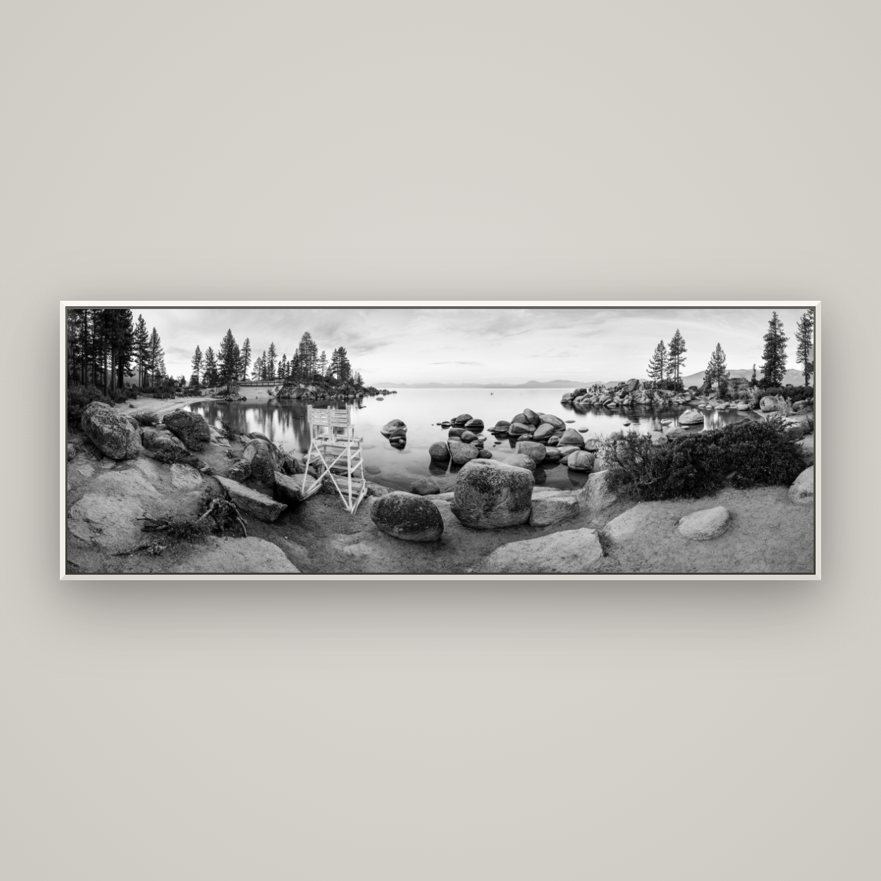 Lake Tahoe Serenity's Watch, Sunrise Over Sand Harbour — Basel White, 198×70 cm. New Zealand fine art wall art by Stephen Milner.