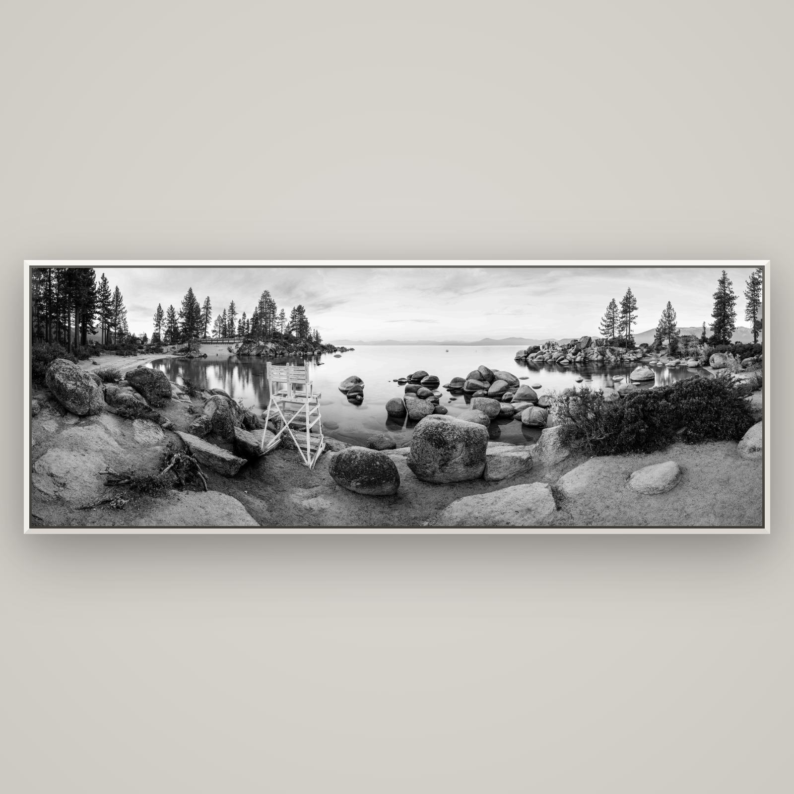 Lake Tahoe Serenity's Watch, Sunrise Over Sand Harbour — Basel White, 198×70 cm. New Zealand fine art wall art by Stephen Milner.