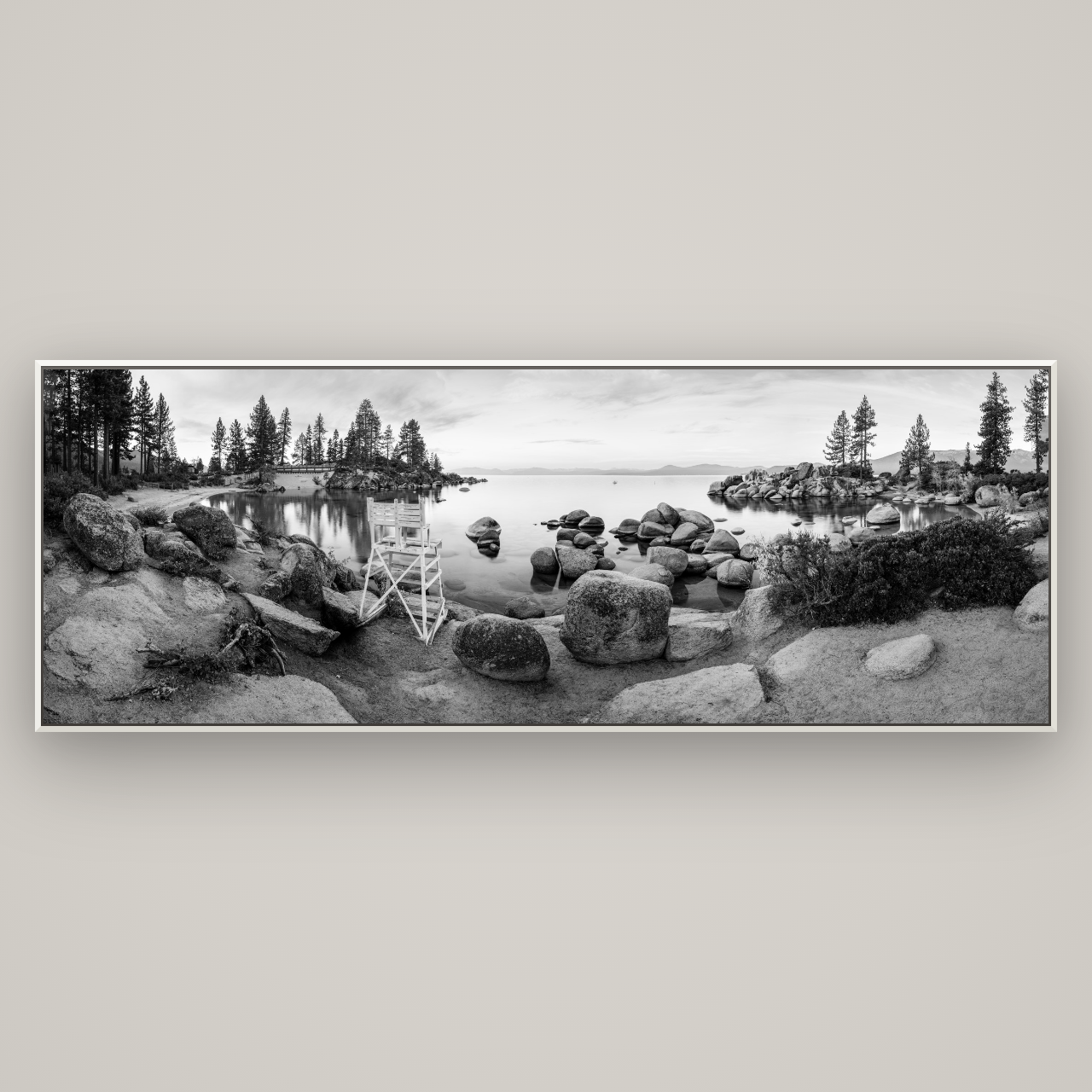 Lake Tahoe Serenity's Watch, Sunrise Over Sand Harbour — Basel White, 227×80 cm. New Zealand fine art wall art by Stephen Milner.
