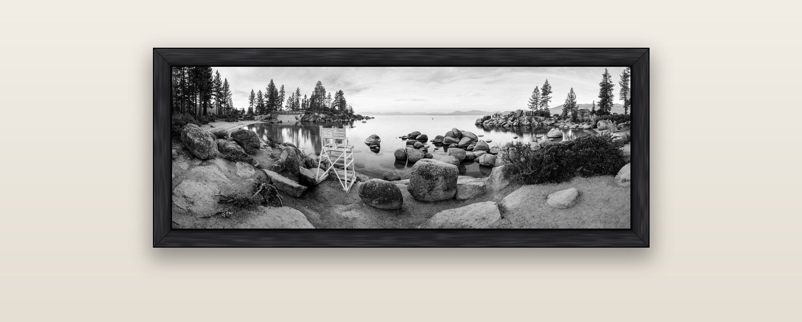 Lake Tahoe Serenity's Watch, Sunrise Over Sand Harbour — black float frame canvas, 102 × 36 cm. New Zealand fine art landscape wall art by Stephen Milner.