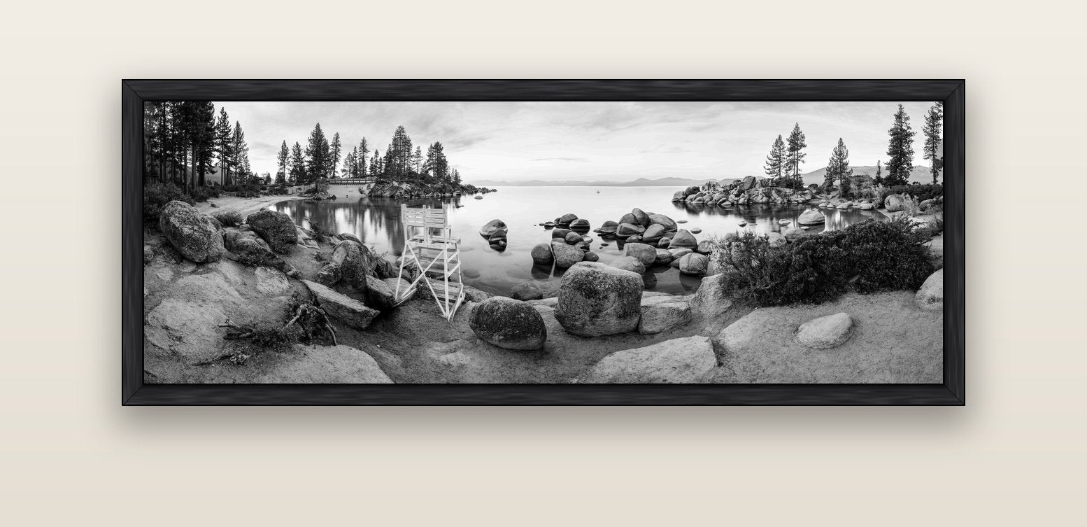 Lake Tahoe Serenity's Watch, Sunrise Over Sand Harbour — black float frame canvas, 152 × 56 cm. New Zealand fine art landscape wall art by Stephen Milner.