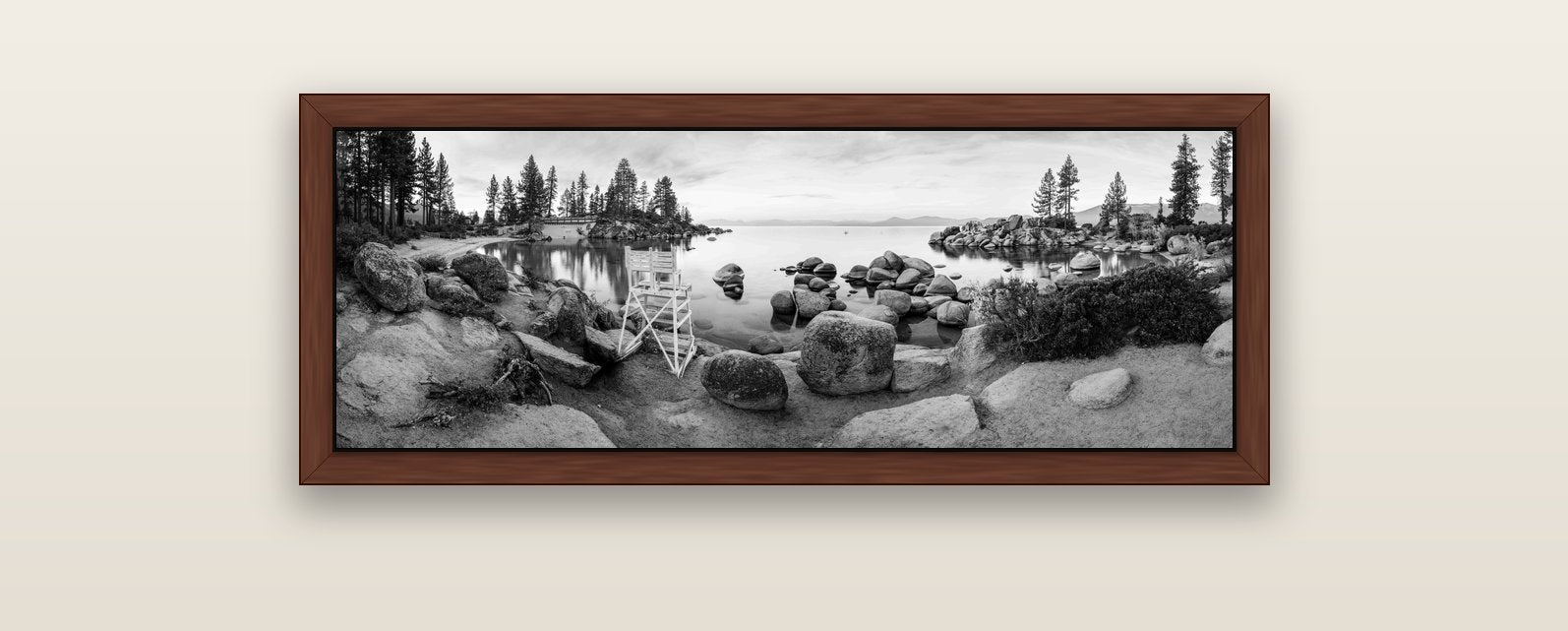 Lake Tahoe Serenity's Watch, Sunrise Over Sand Harbour — brown float frame canvas, 102 × 36 cm. New Zealand fine art landscape wall art by Stephen Milner.