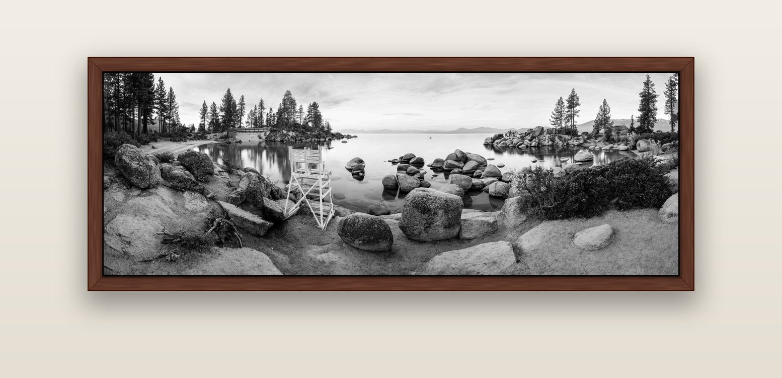 Lake Tahoe Serenity's Watch, Sunrise Over Sand Harbour — brown float frame canvas, 152 × 56 cm. New Zealand fine art landscape wall art by Stephen Milner.