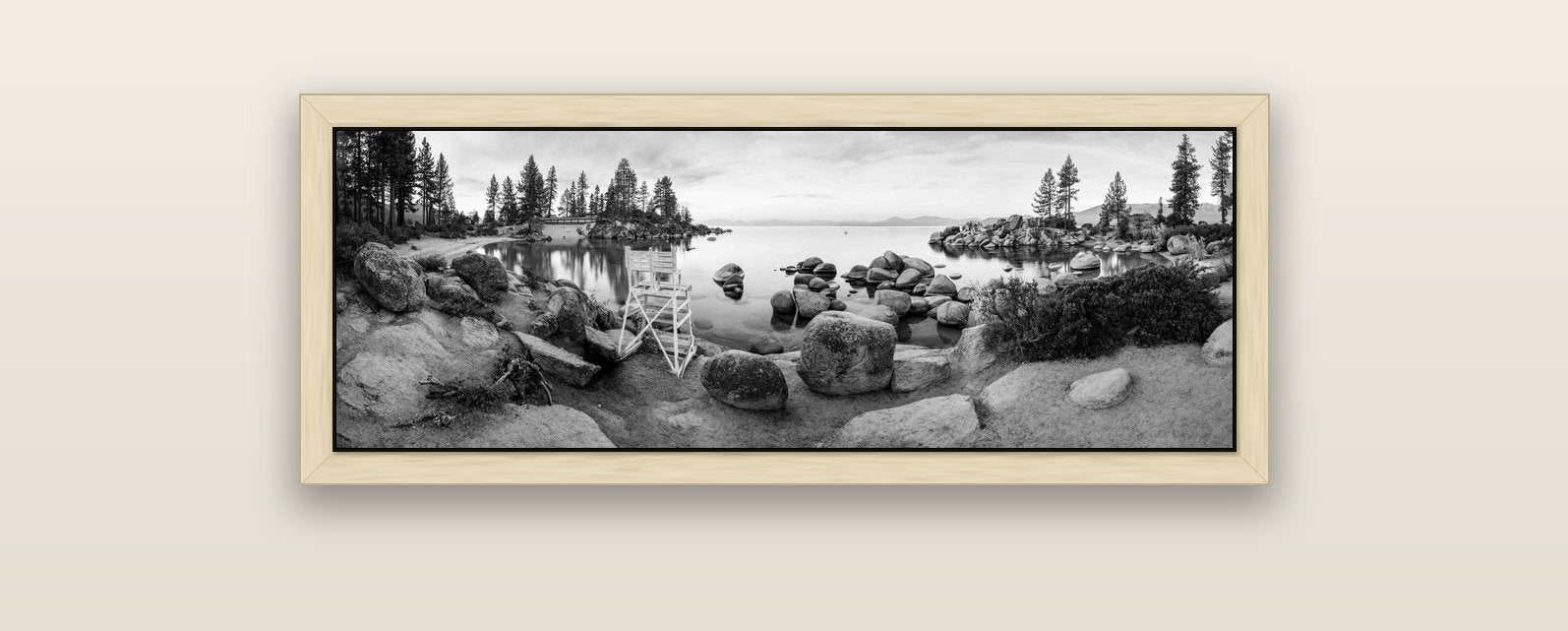 Lake Tahoe Serenity's Watch, Sunrise Over Sand Harbour — natural float frame canvas, 102 × 36 cm. New Zealand fine art landscape wall art by Stephen Milner.