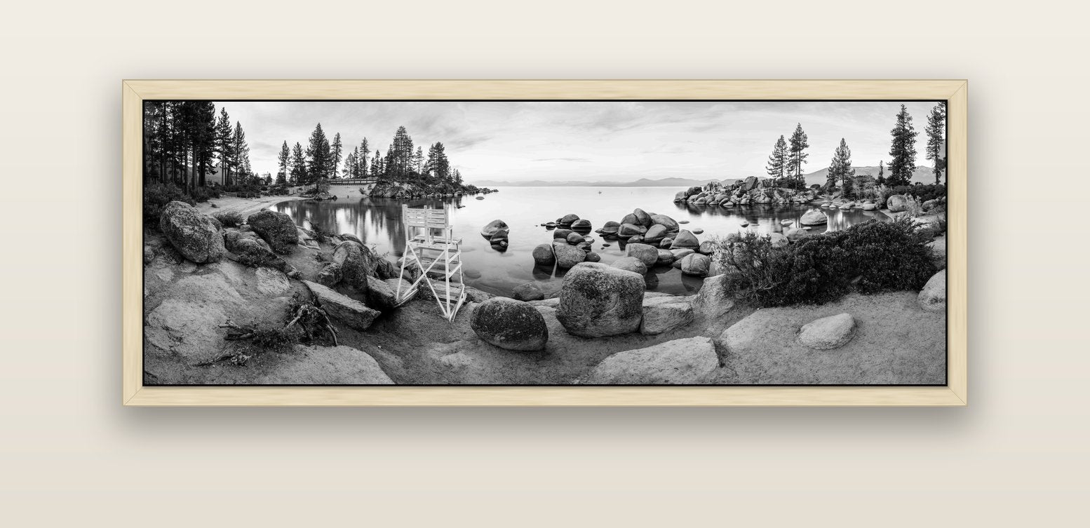 Lake Tahoe Serenity's Watch, Sunrise Over Sand Harbour — natural float frame canvas, 152 × 56 cm. New Zealand fine art landscape wall art by Stephen Milner.