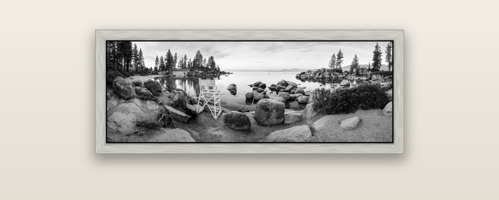 Lake Tahoe Serenity's Watch, Sunrise Over Sand Harbour — silver float frame canvas, 102 × 36 cm. New Zealand fine art landscape wall art by Stephen Milner.