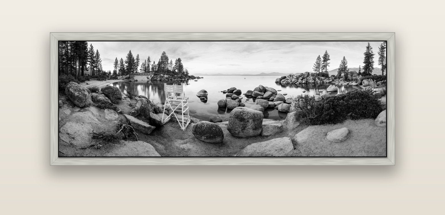 Lake Tahoe Serenity's Watch, Sunrise Over Sand Harbour — silver float frame canvas, 152 × 56 cm. New Zealand fine art landscape wall art by Stephen Milner.