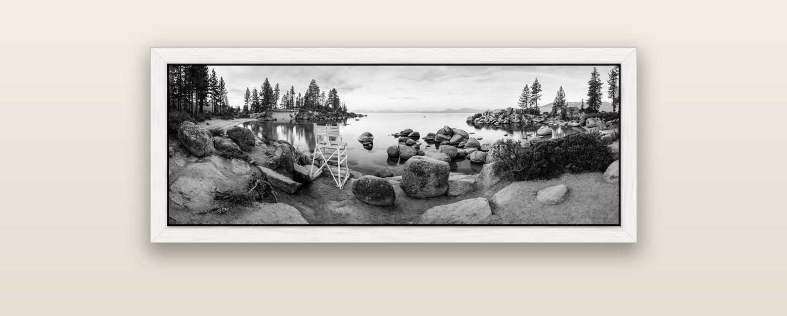 Lake Tahoe Serenity's Watch, Sunrise Over Sand Harbour — white float frame canvas, 102 × 36 cm. New Zealand fine art landscape wall art by Stephen Milner.