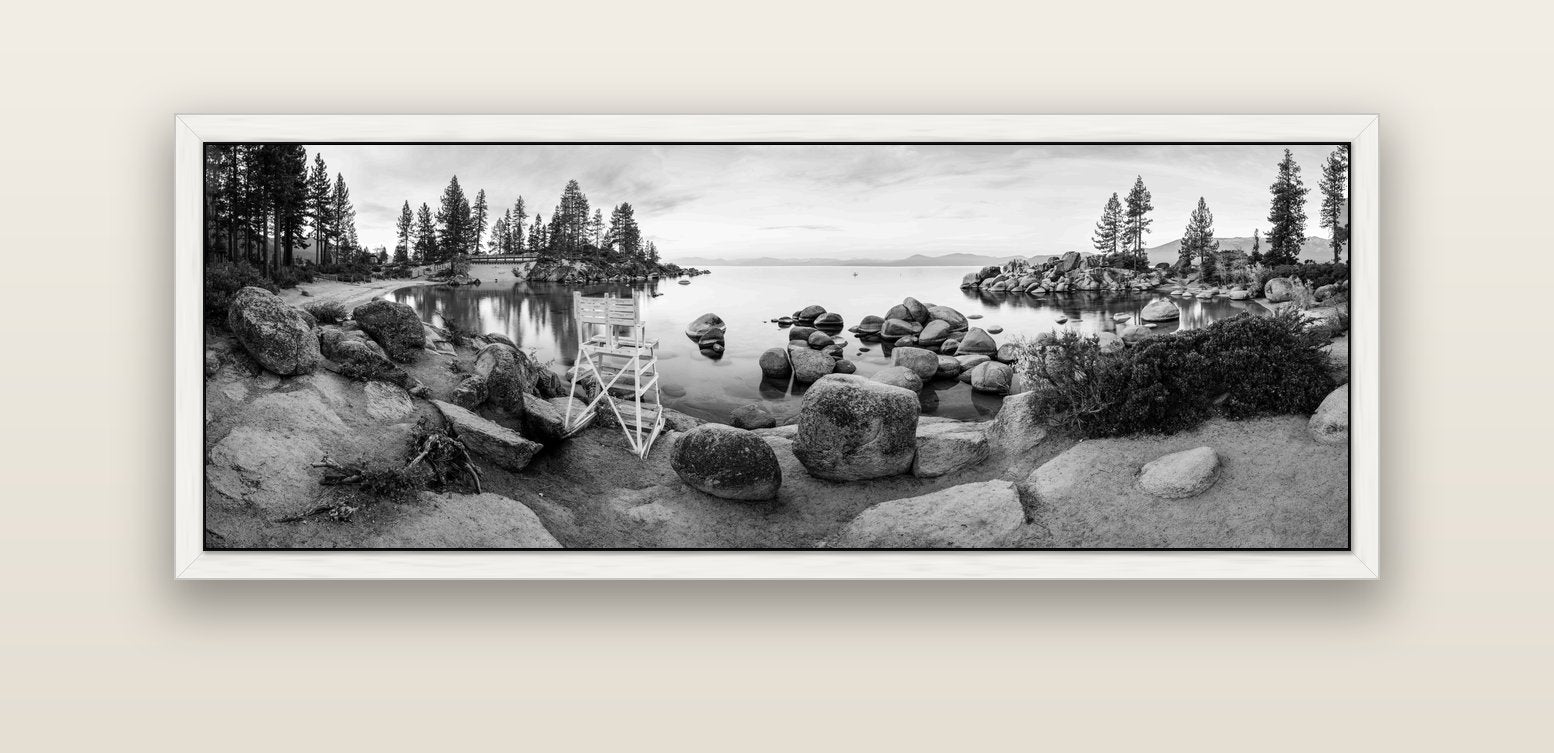 Lake Tahoe Serenity's Watch, Sunrise Over Sand Harbour — white float frame canvas, 152 × 56 cm. New Zealand fine art landscape wall art by Stephen Milner.