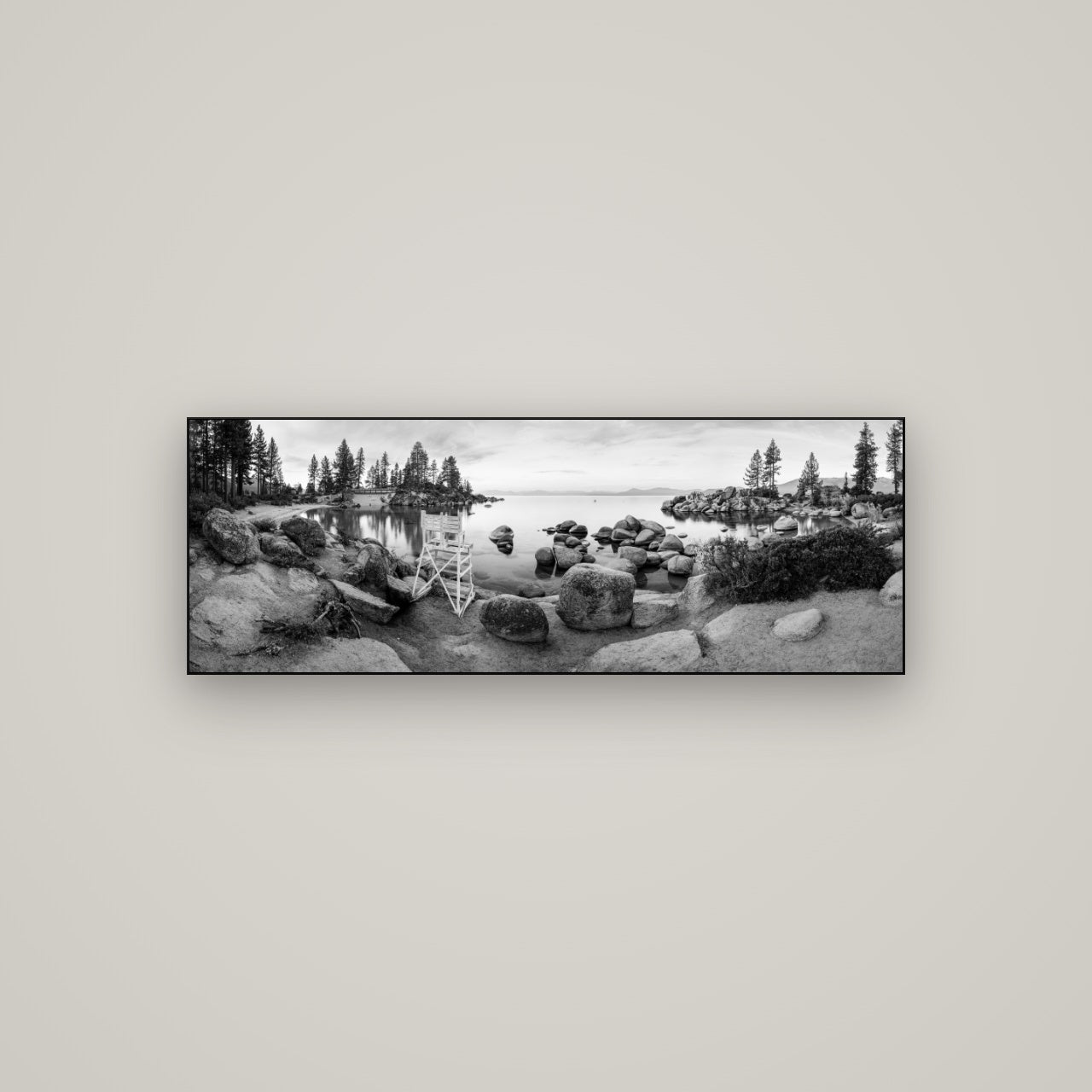 Lake Tahoe Serenity's Watch, Sunrise Over Sand Harbour — Slimline Black, 113×40 cm. New Zealand fine art wall art by Stephen Milner.