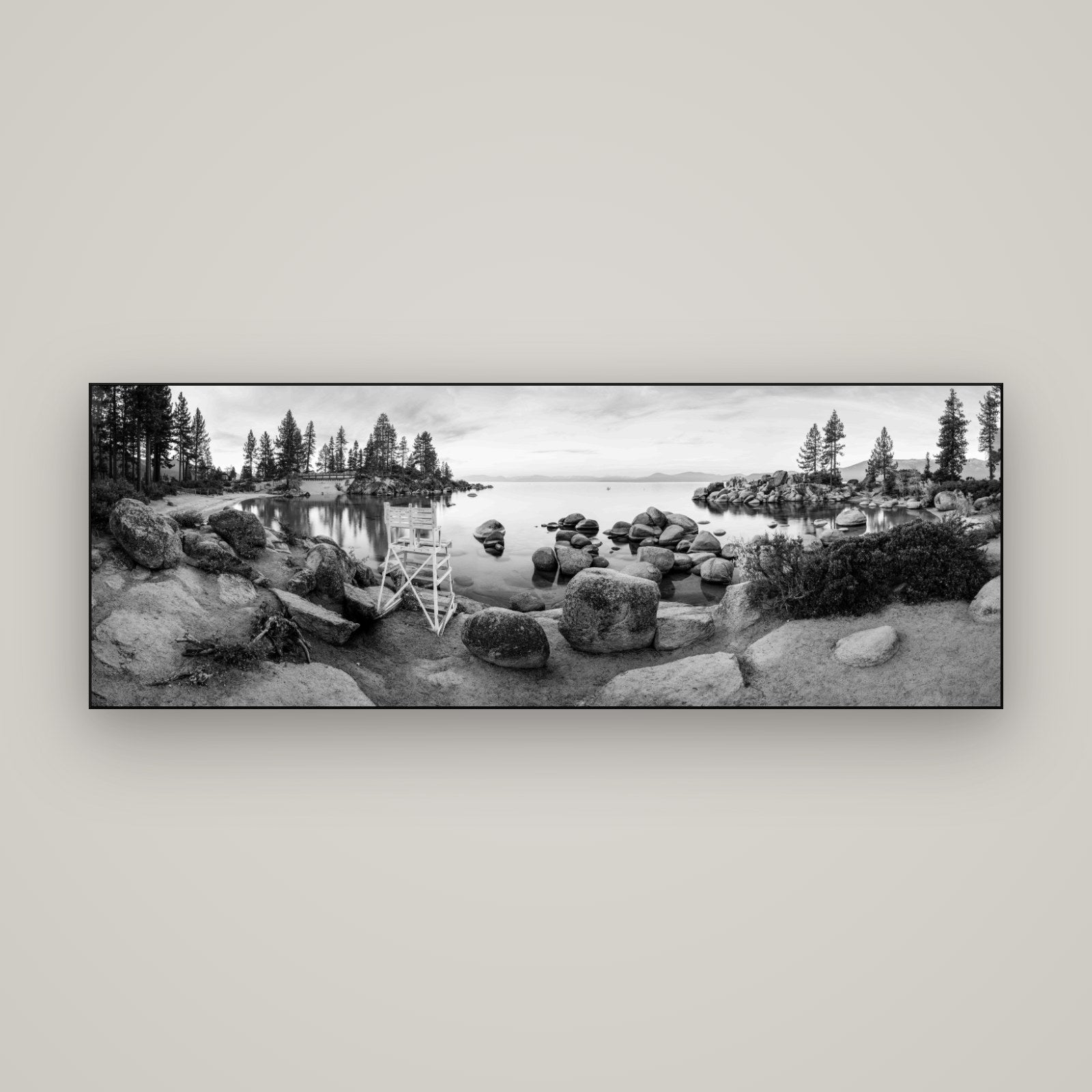 Lake Tahoe Serenity's Watch, Sunrise Over Sand Harbour — Slimline Black, 170×60 cm. New Zealand fine art wall art by Stephen Milner.