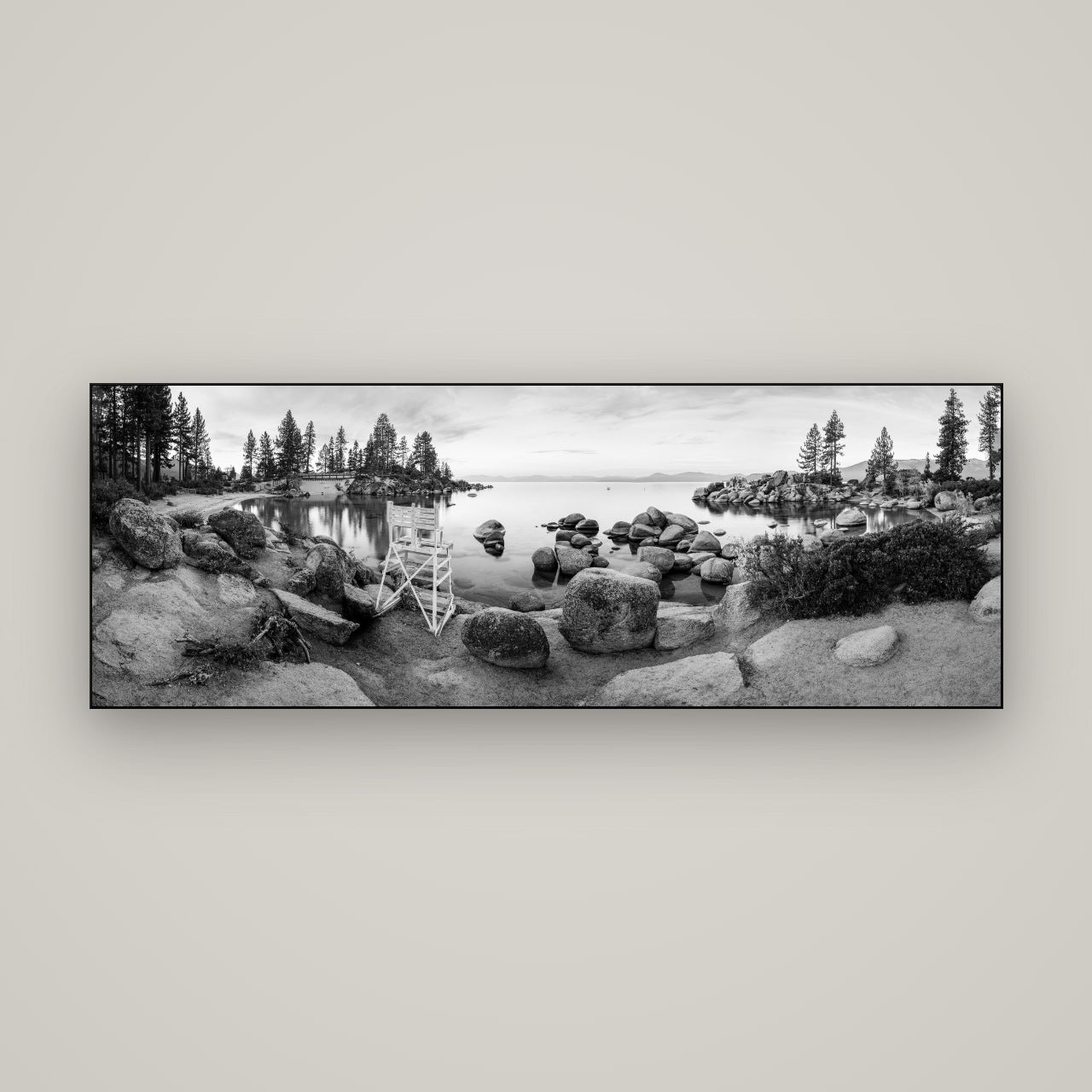 Lake Tahoe Serenity's Watch, Sunrise Over Sand Harbour — Slimline Black, 170×60 cm. New Zealand fine art wall art by Stephen Milner.