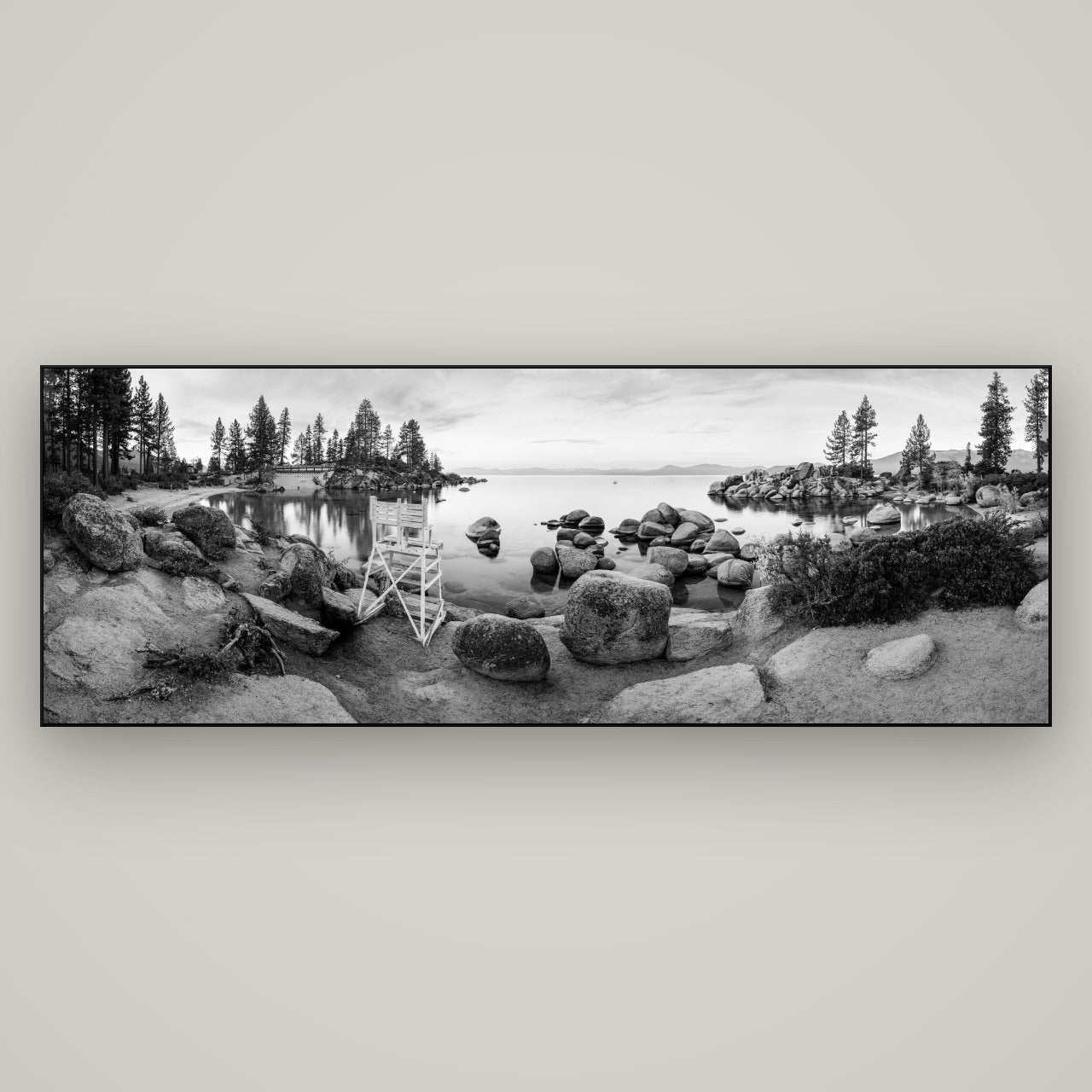 Lake Tahoe Serenity's Watch, Sunrise Over Sand Harbour — Slimline Black, 198×70 cm. New Zealand fine art wall art by Stephen Milner.
