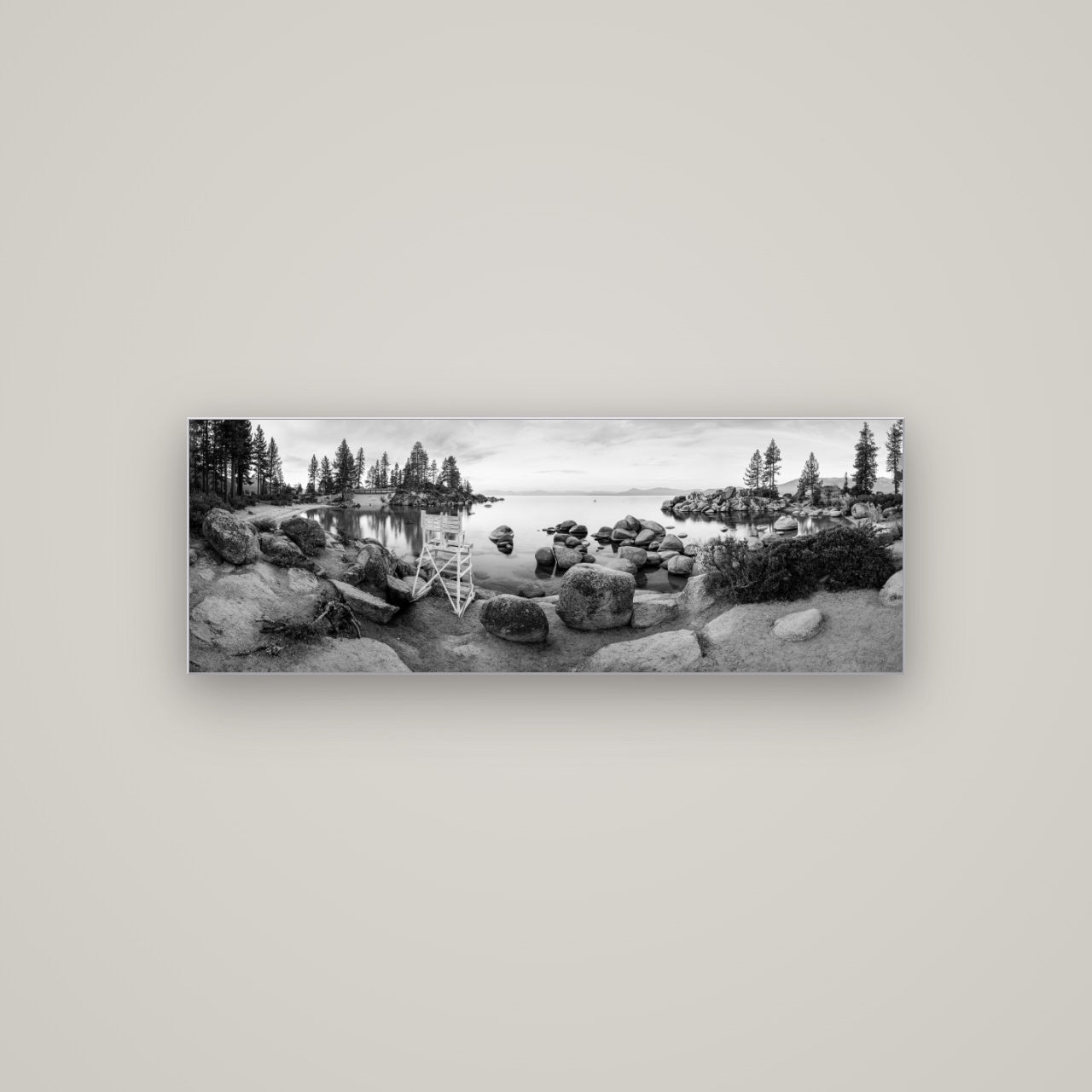 Lake Tahoe Serenity's Watch, Sunrise Over Sand Harbour — Slimline Silver, 113×40 cm. New Zealand fine art wall art by Stephen Milner.