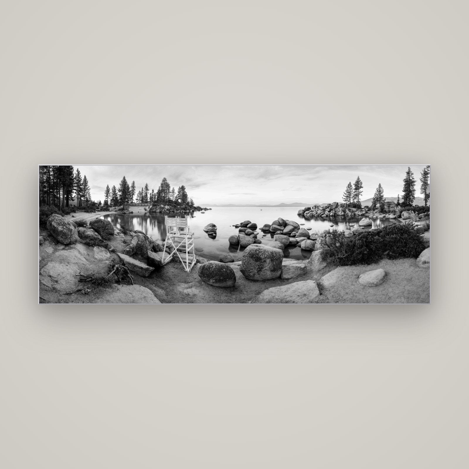 Lake Tahoe Serenity's Watch, Sunrise Over Sand Harbour — Slimline Silver, 170×60 cm. New Zealand fine art wall art by Stephen Milner.
