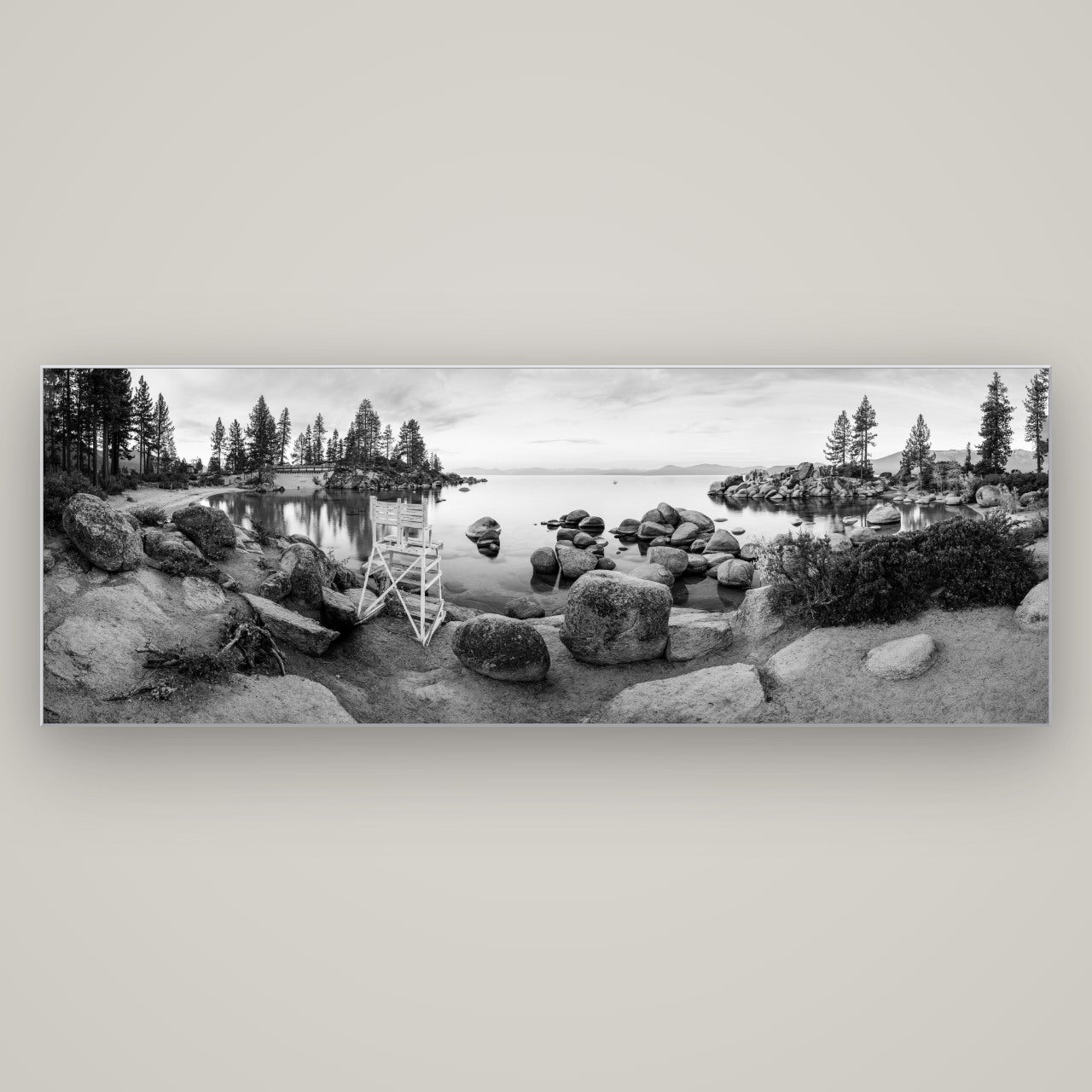 Lake Tahoe Serenity's Watch, Sunrise Over Sand Harbour — Slimline Silver, 198×70 cm. New Zealand fine art wall art by Stephen Milner.