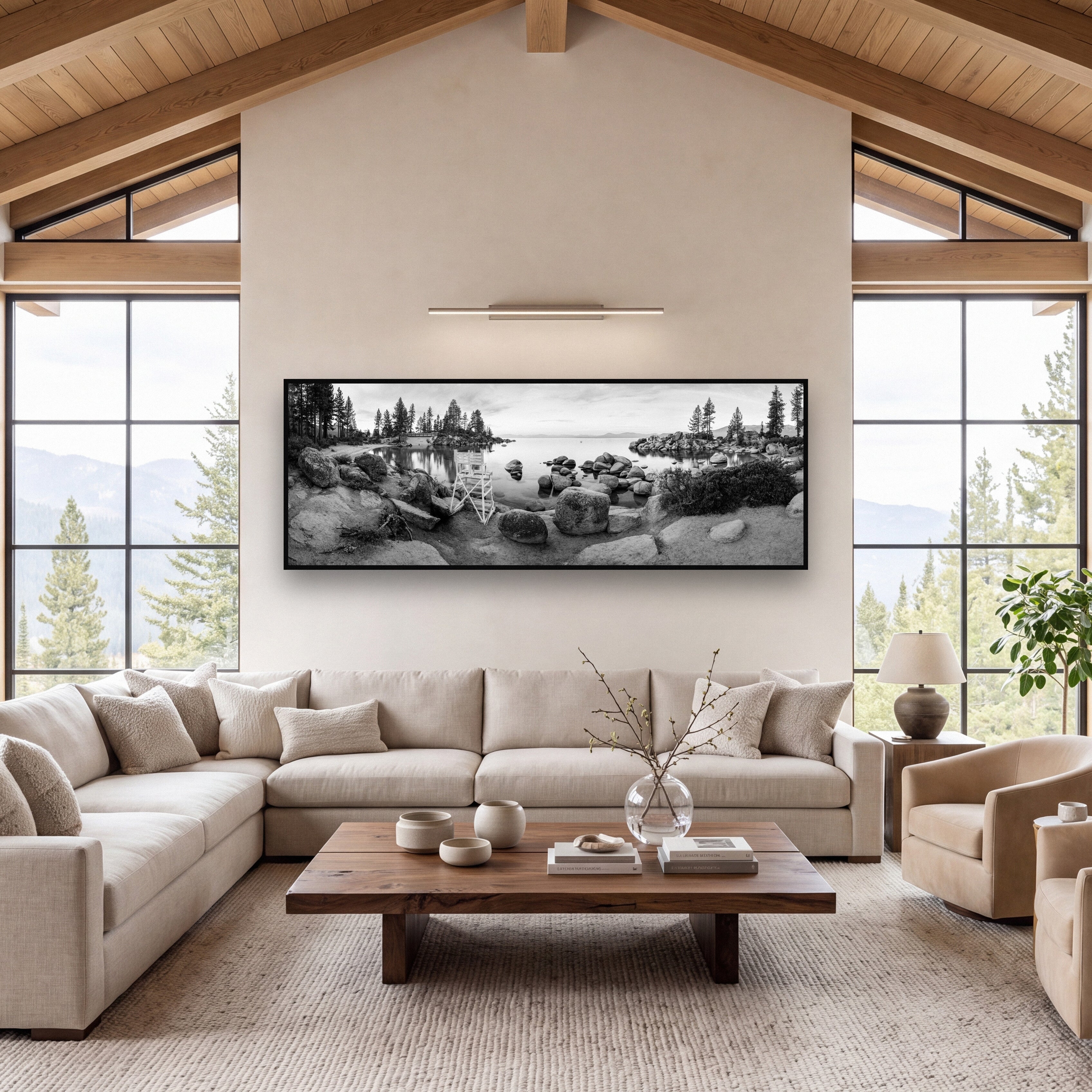 Lake Tahoe Serenity's Watch, Sunrise Over Sand Harbour shown as large black and white wall art in a styled interior. Fine art landscape photography by Stephen Milner.