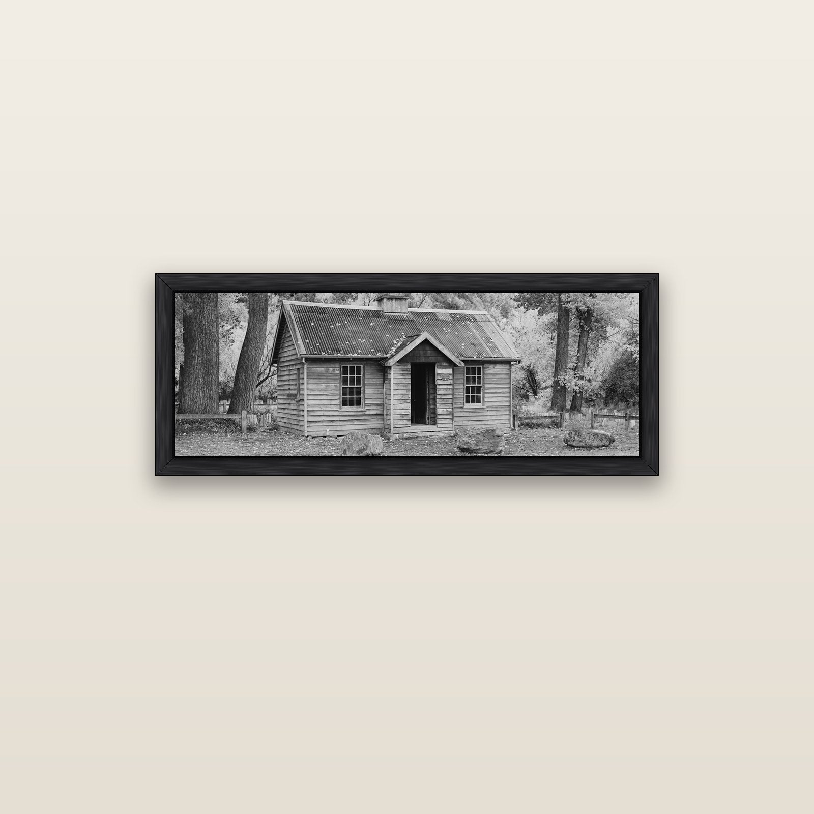 Law and Order, Arrowtown — black float frame canvas, 102 × 36 cm. New Zealand fine art landscape wall art by Stephen Milner.