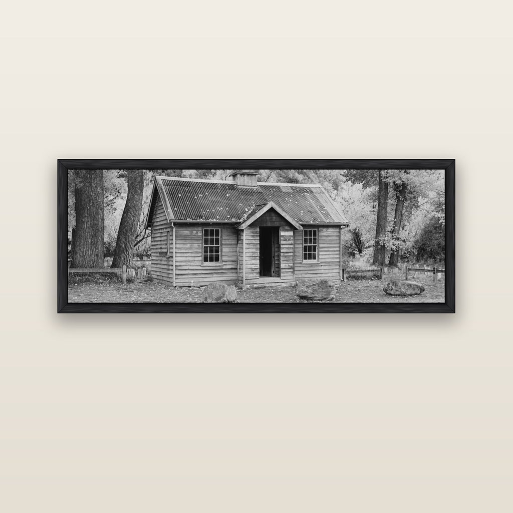 Law and Order, Arrowtown — black float frame canvas, 152 × 56 cm. New Zealand fine art landscape wall art by Stephen Milner.
