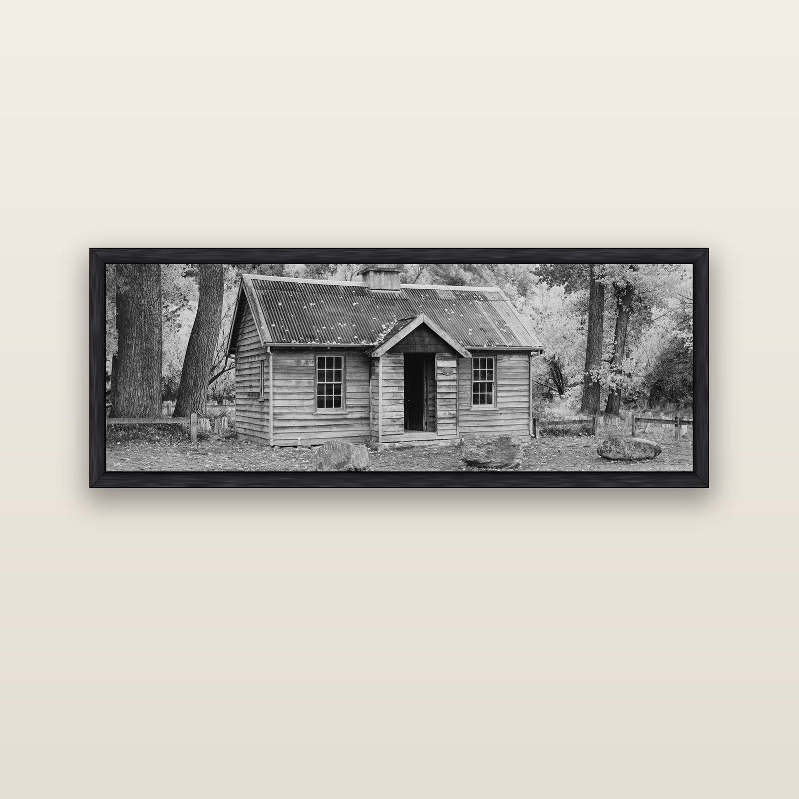 Law and Order, Arrowtown — black float frame canvas, 152 × 56 cm. New Zealand fine art landscape wall art by Stephen Milner.