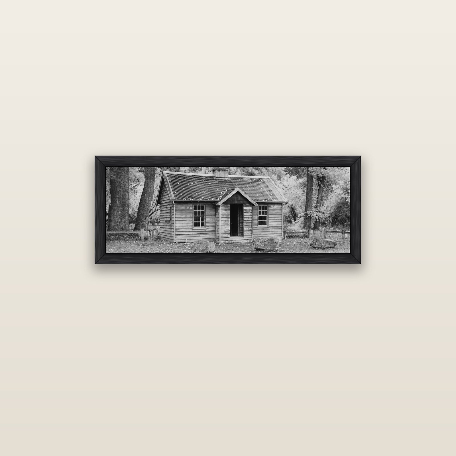 Law and Order, Arrowtown — black float frame canvas, 91 × 31 cm. New Zealand fine art landscape wall art by Stephen Milner.