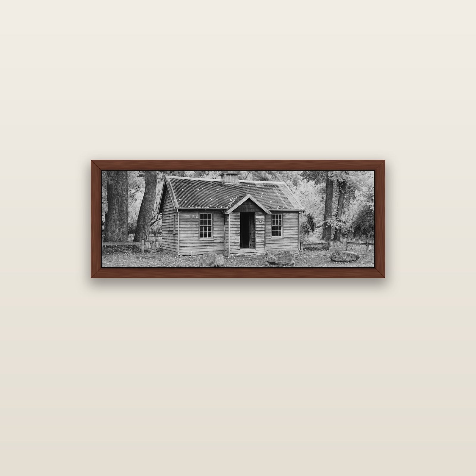 Law and Order, Arrowtown — brown float frame canvas, 102 × 36 cm. New Zealand fine art landscape wall art by Stephen Milner.