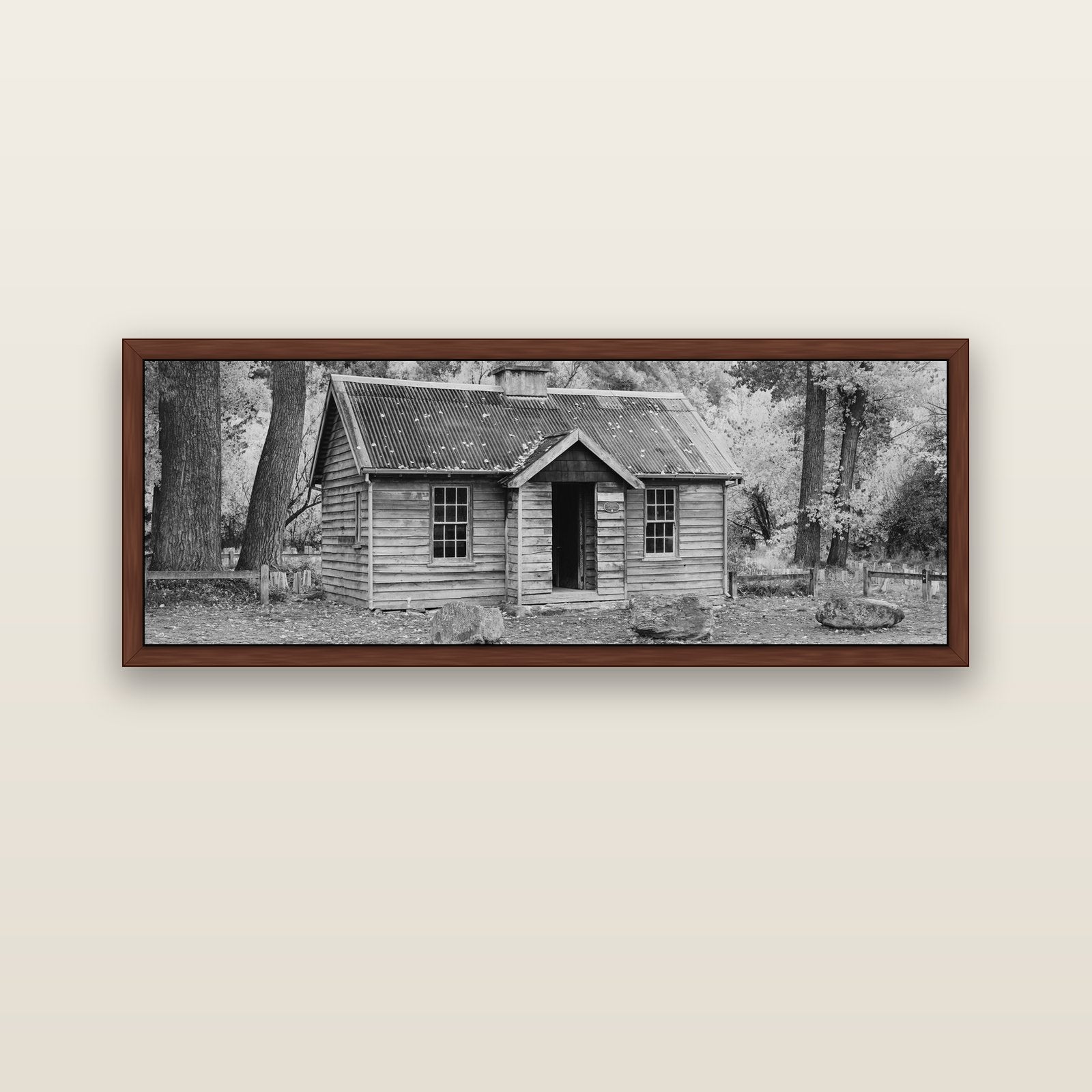 Law and Order, Arrowtown — brown float frame canvas, 152 × 56 cm. New Zealand fine art landscape wall art by Stephen Milner.