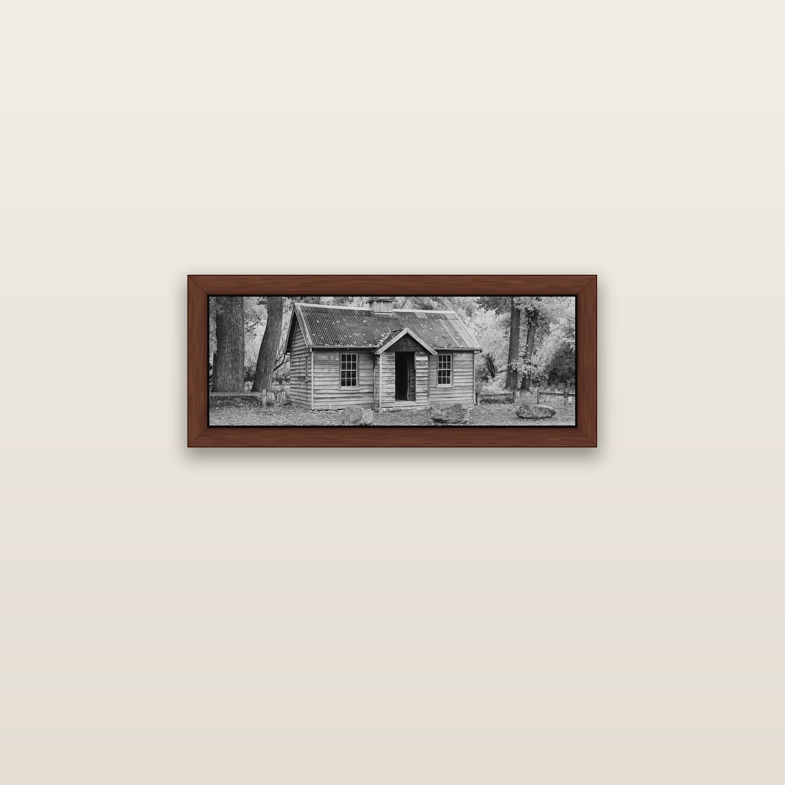 Law and Order, Arrowtown — brown float frame canvas, 71 × 25 cm. New Zealand fine art landscape wall art by Stephen Milner.