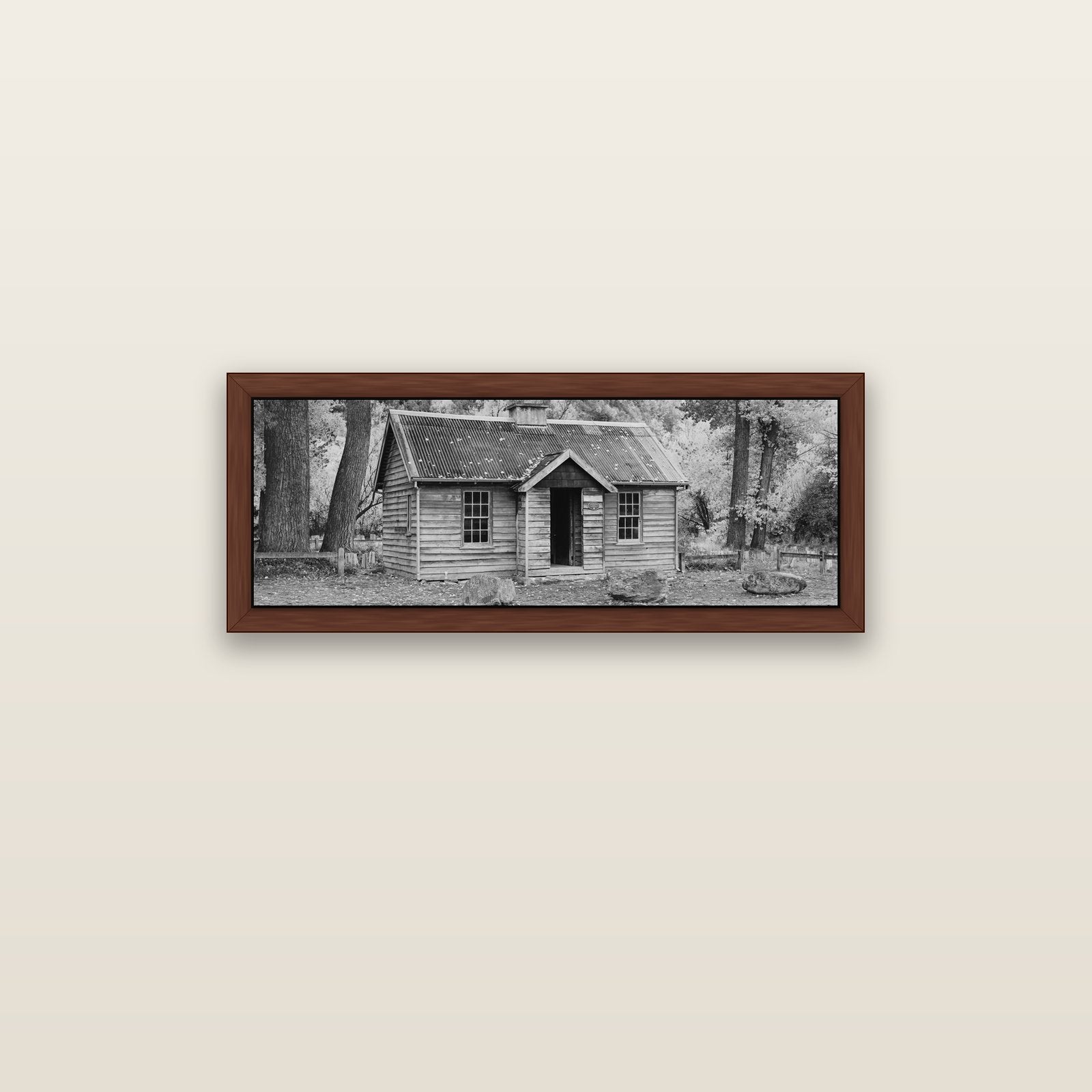 Law and Order, Arrowtown — brown float frame canvas, 91 × 31 cm. New Zealand fine art landscape wall art by Stephen Milner.
