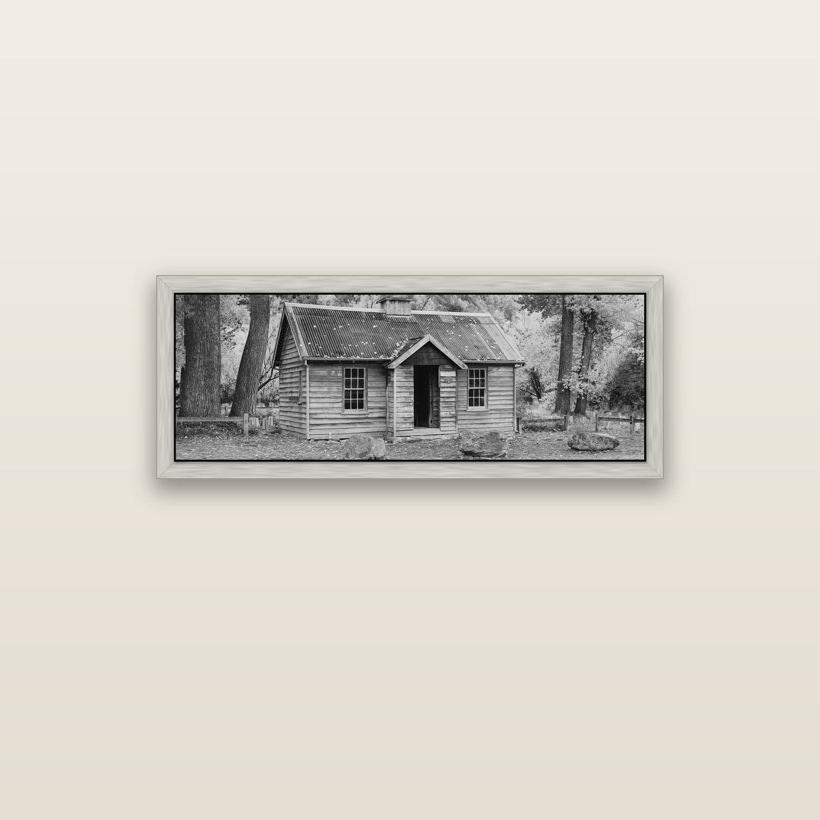 Law and Order, Arrowtown — silver float frame canvas, 102 × 36 cm. New Zealand fine art landscape wall art by Stephen Milner.