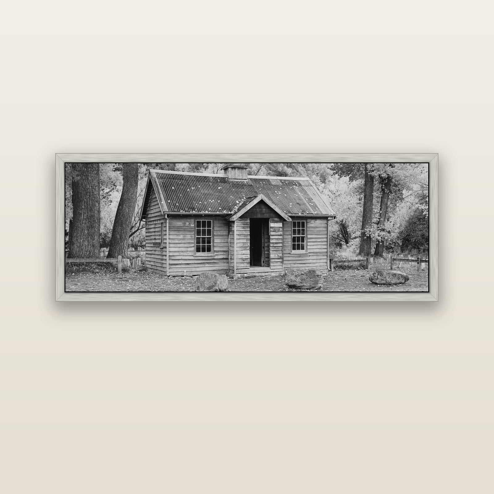 Law and Order, Arrowtown — silver float frame canvas, 152 × 56 cm. New Zealand fine art landscape wall art by Stephen Milner.