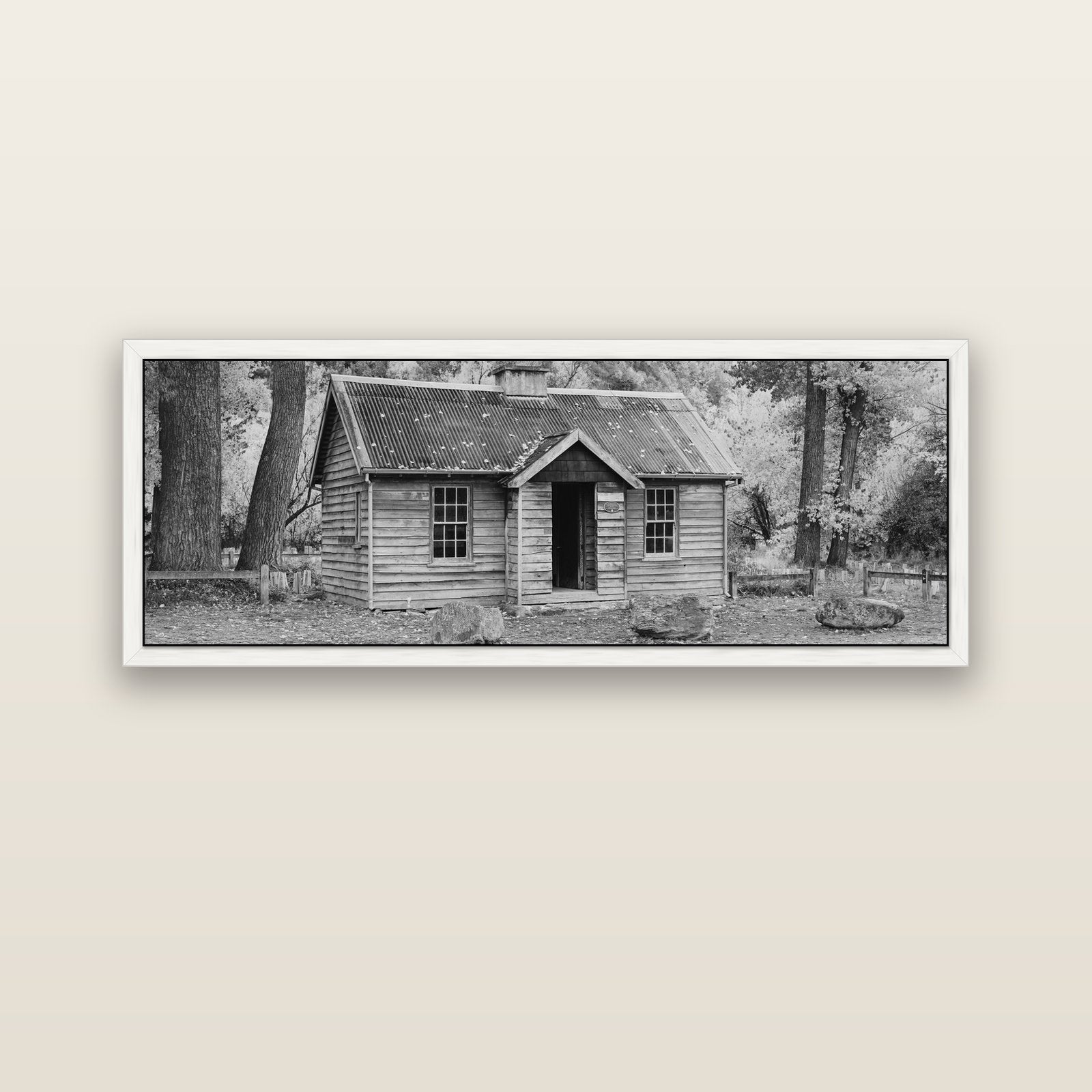 Law and Order, Arrowtown — white float frame canvas, 152 × 56 cm. New Zealand fine art landscape wall art by Stephen Milner.