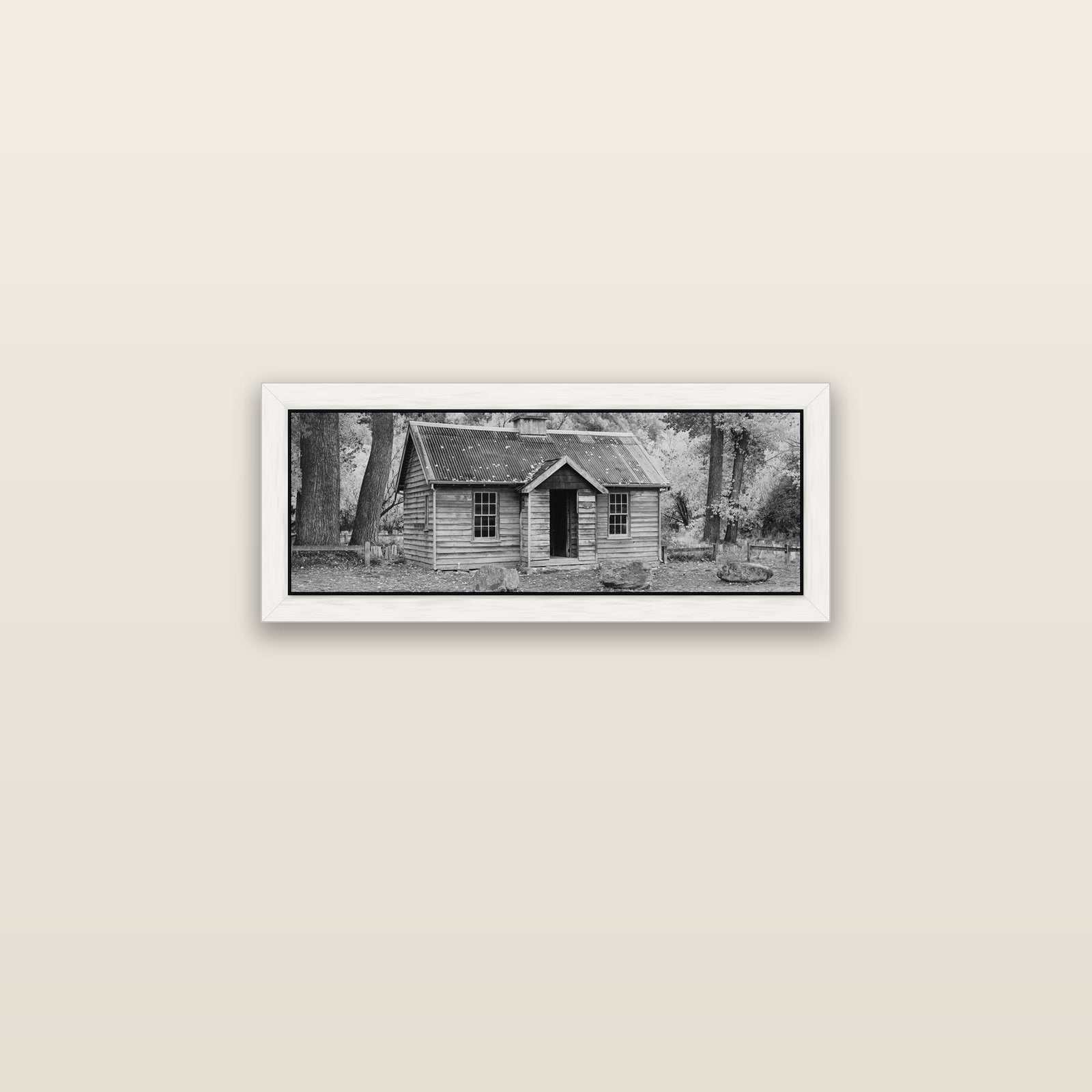 Law and Order, Arrowtown — white float frame canvas, 71 × 25 cm. New Zealand fine art landscape wall art by Stephen Milner.