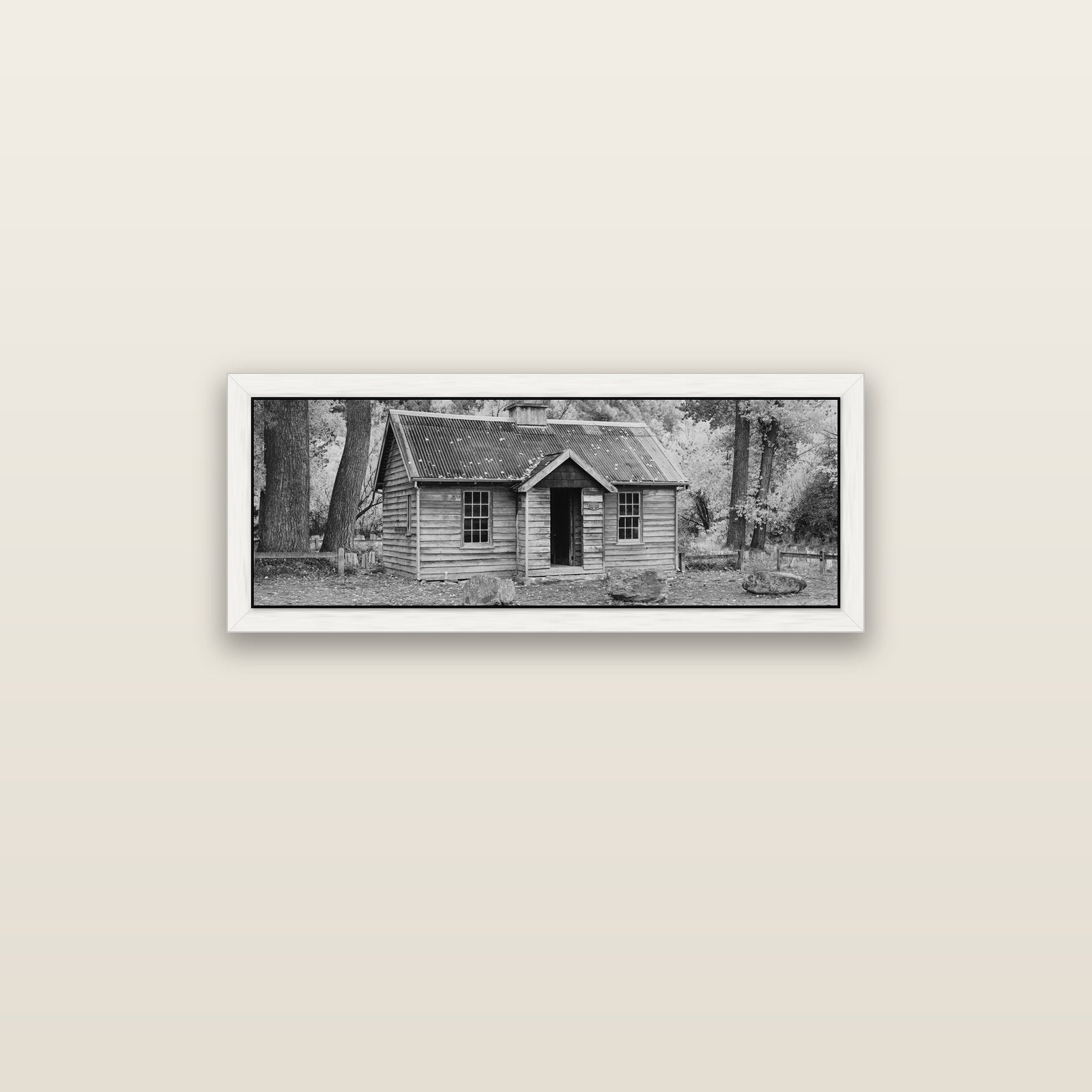 Law and Order, Arrowtown — white float frame canvas, 91 × 31 cm. New Zealand fine art landscape wall art by Stephen Milner.
