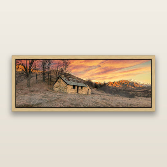 Legacy of the Goldseeker, Needham's Macetown Abode — framed metallic canvas print, Natural frame. New Zealand fine art landscape wall art by Stephen Milner.