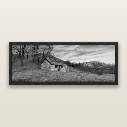 Legacy of the Goldseeker, Needham's Macetown Abode, black and white framed metallic canvas print, Black frame. New Zealand fine art wall art by Stephen Milner.