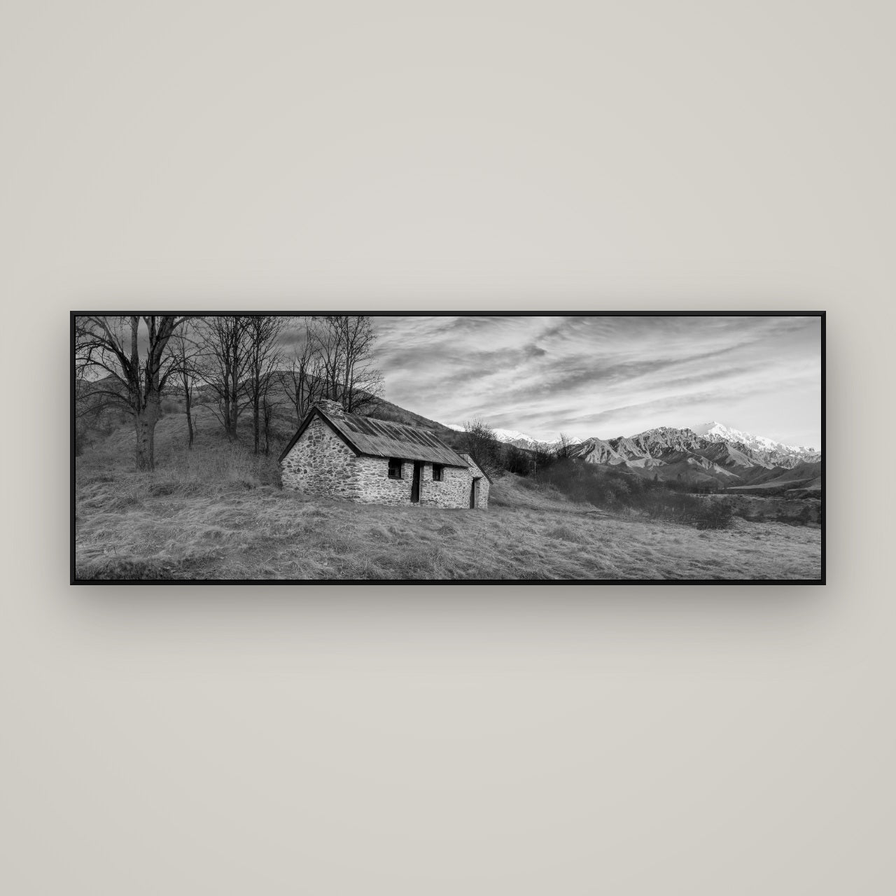 Legacy of the Goldseeker, Needham's Macetown Abode — ArtBox Black, 170×60 cm. New Zealand fine art wall art by Stephen Milner.